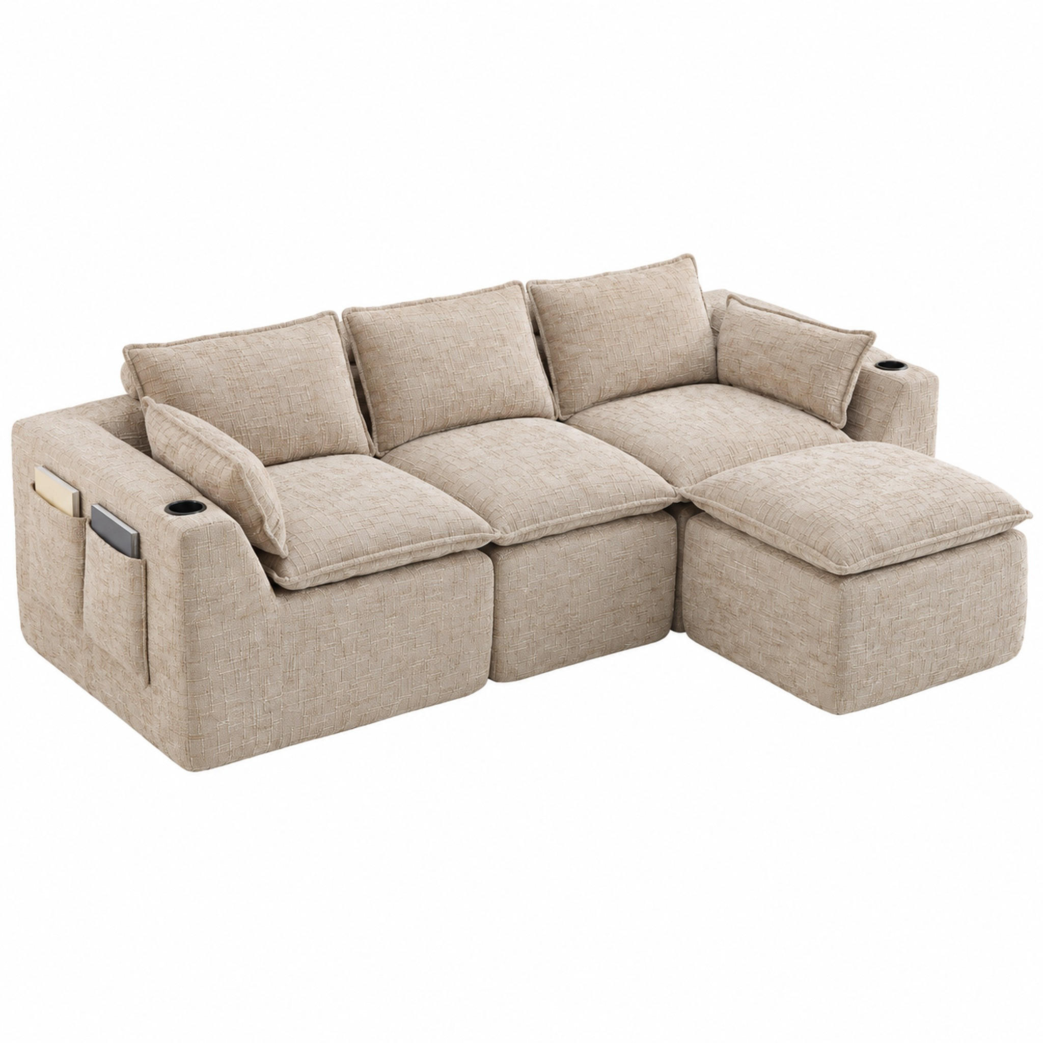 SOFA modular 3-Sitzer mit Fußhocker 256 x 161 cm Chenille Khaki - Braun, Holzwerkstoff (161/256cm) - Meubliv