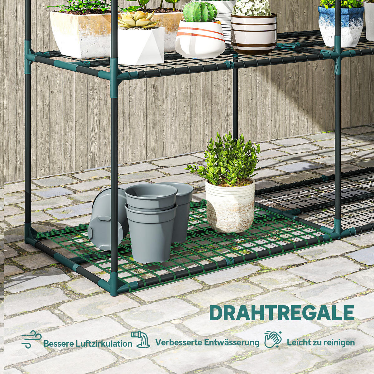 3-ETAGEN Pflanzenständer, 100 cm hoch Blumenständer mit Regalböden, mehrstöckig - Dunkelgrün, Metall (48/100/143cm) - Outsunny