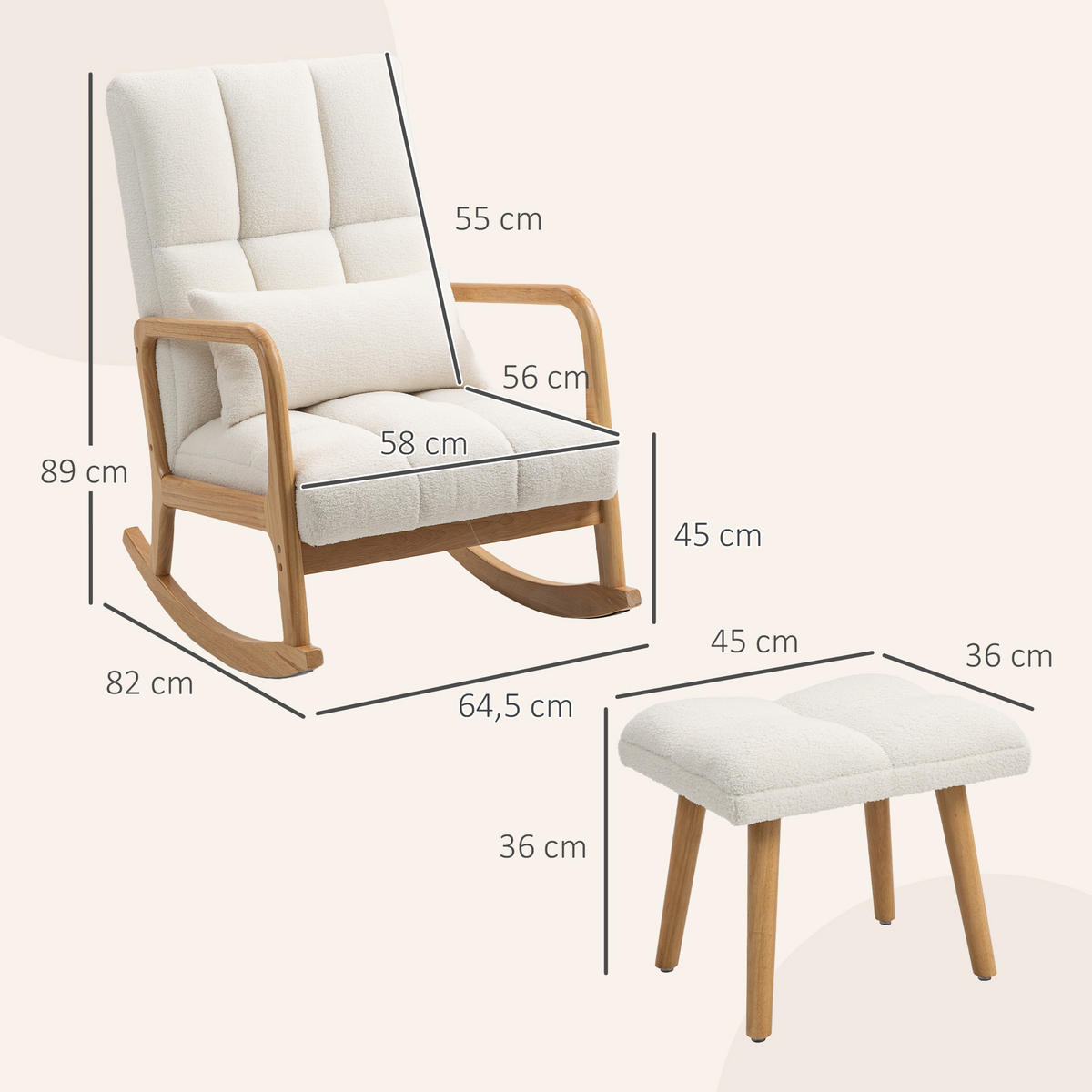 SCHAUKELSTUHL DE-17402 mit Fußstütze, Bouclette-Stoff & Holzfüßen Weiß - Weiß, Holz (64.5/89/82cm) - ComfortXL