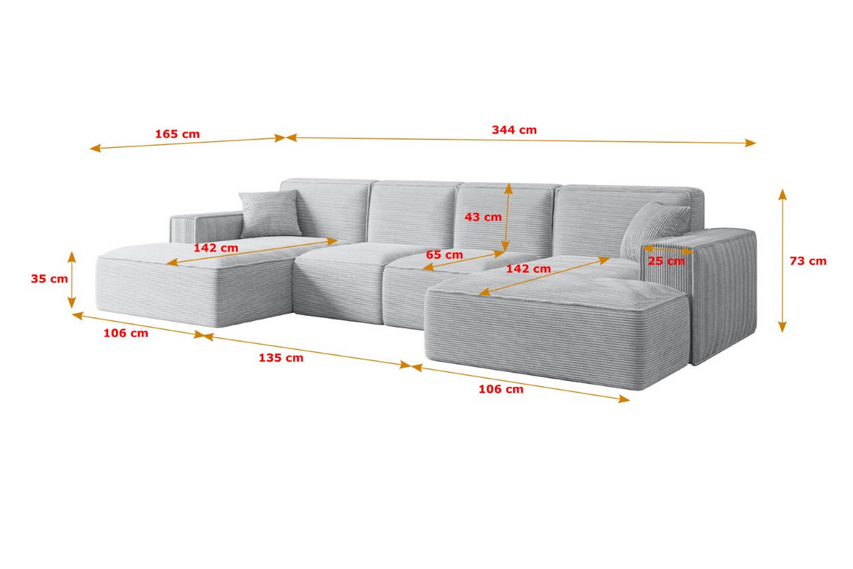 WOHNLANDSCHAFT SIERRA-U - 344x165x73 cm Grau Cord - Schwarz/Grau, Holzwerkstoff/Kunststoff (344/73/165cm) - ALTDECOR