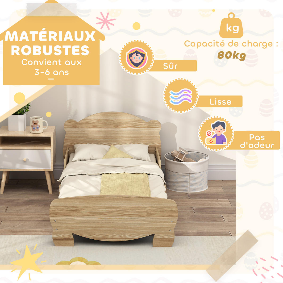 KINDERBETT 70x140 cm DE-14597 mit Bären-Motiv und Sicherheitsbarrieren Naturholz - Naturfarben, Holzwerkstoff (70/140cm) - ComfortXL