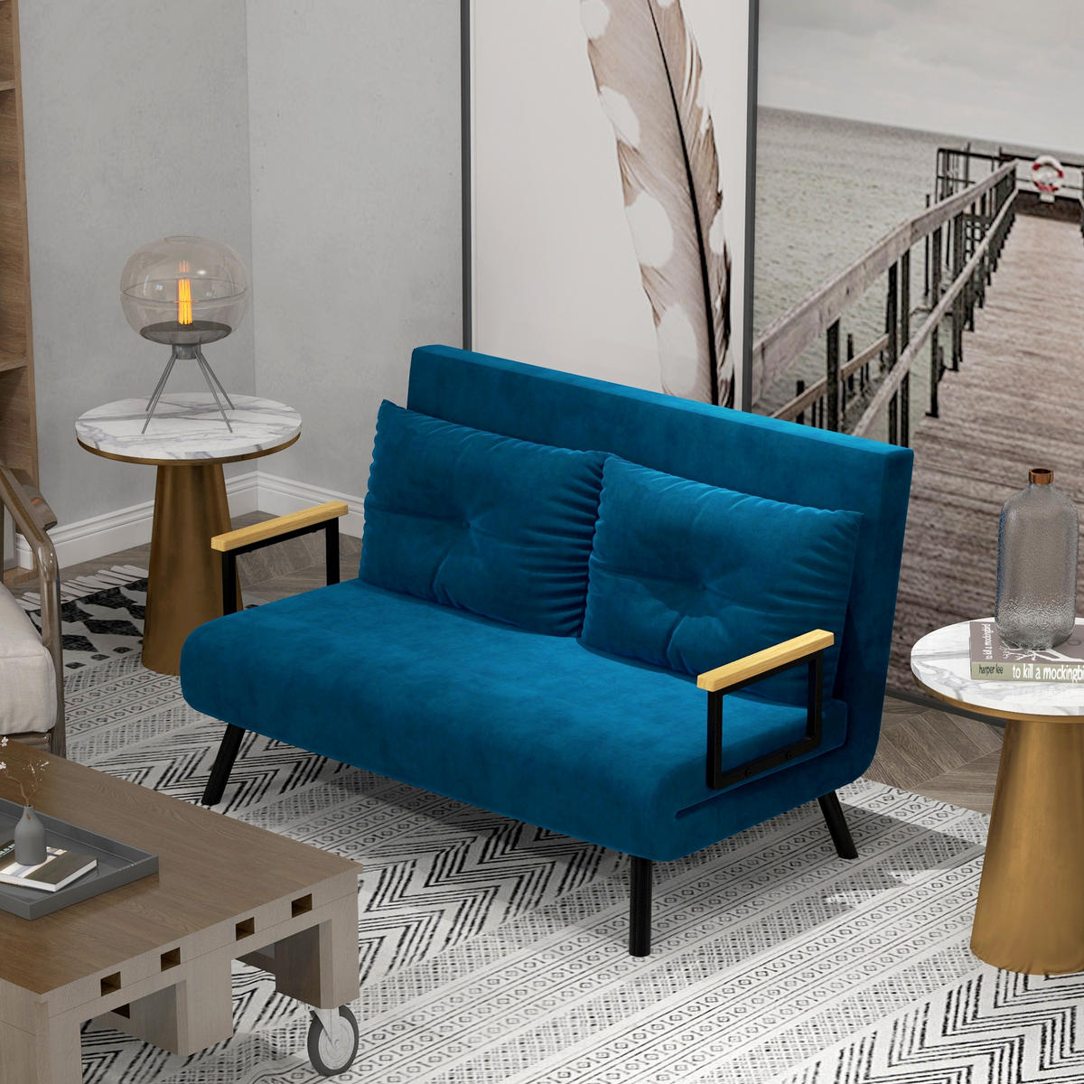 SCHLAFSOFA, Zweisitzer mit Bettfunktion, Schlafcouch mit Samtoptik, Rückenkissen - Blau/Schwarz, Holz/Textil (73/81/102cm) - HOMCOM