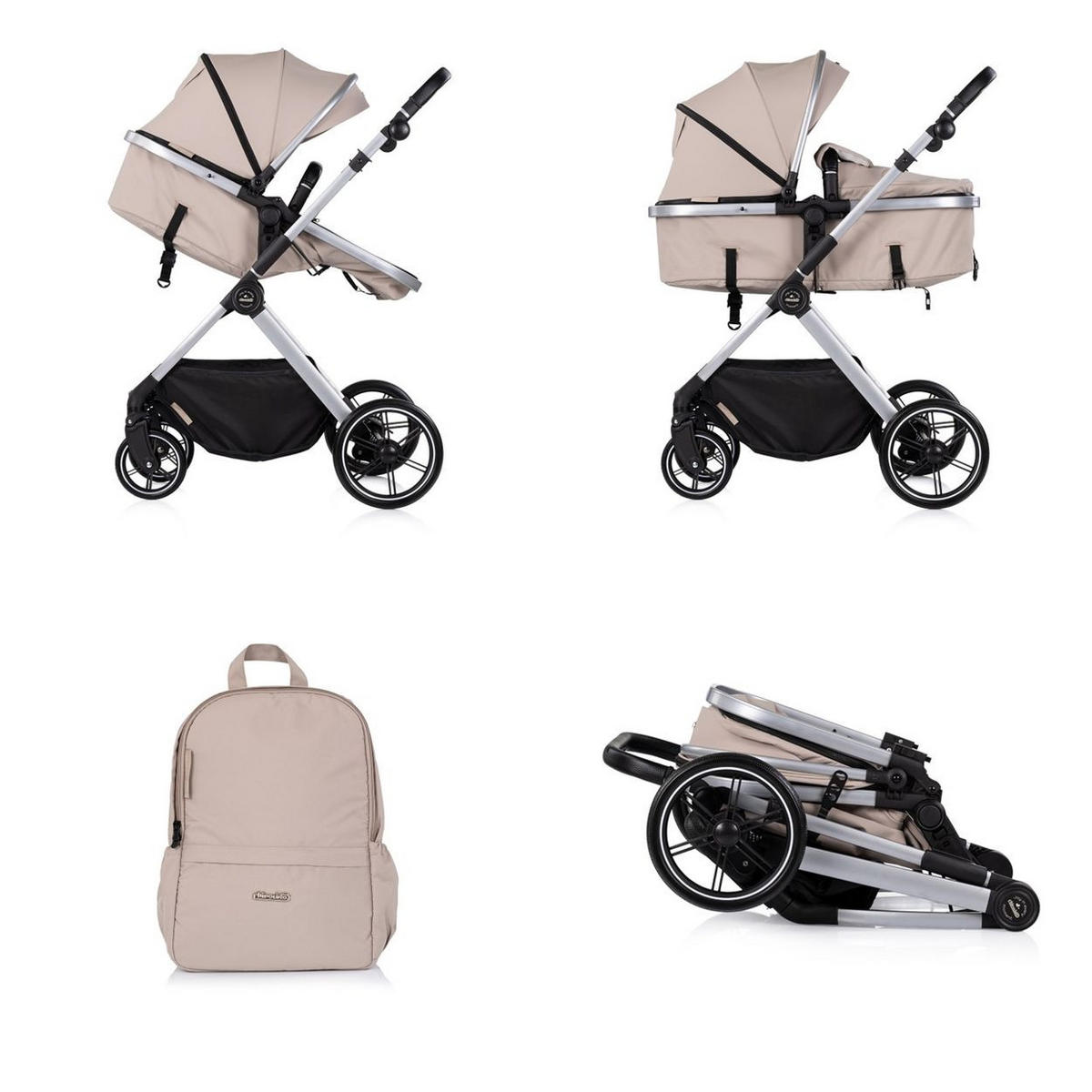 KOMBIKINDERWAGEN Pearl 3 in 1 hellbraun umbaubar Babyschale Wickeltasche Fußsack - Braun, Metall (75/65/104cm) - Chipolino