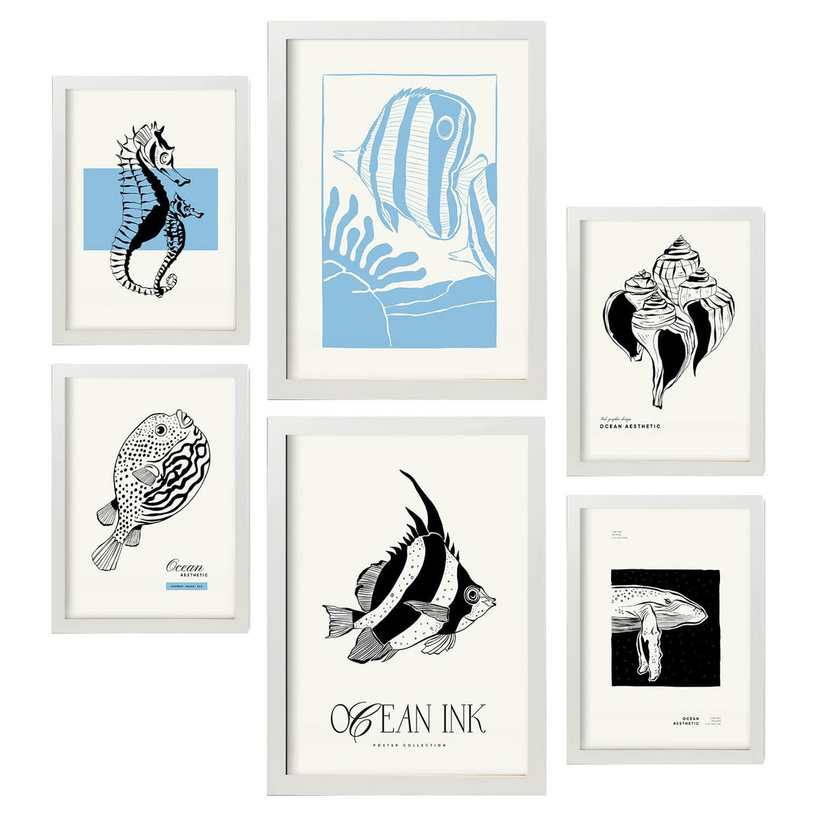 POSTER Set Mit 6 Schwarze Tintenmeermuster Größe A3 & A4 Weißer Rahmen - Weiß, Papier (29.7/1cm) - Nacnic