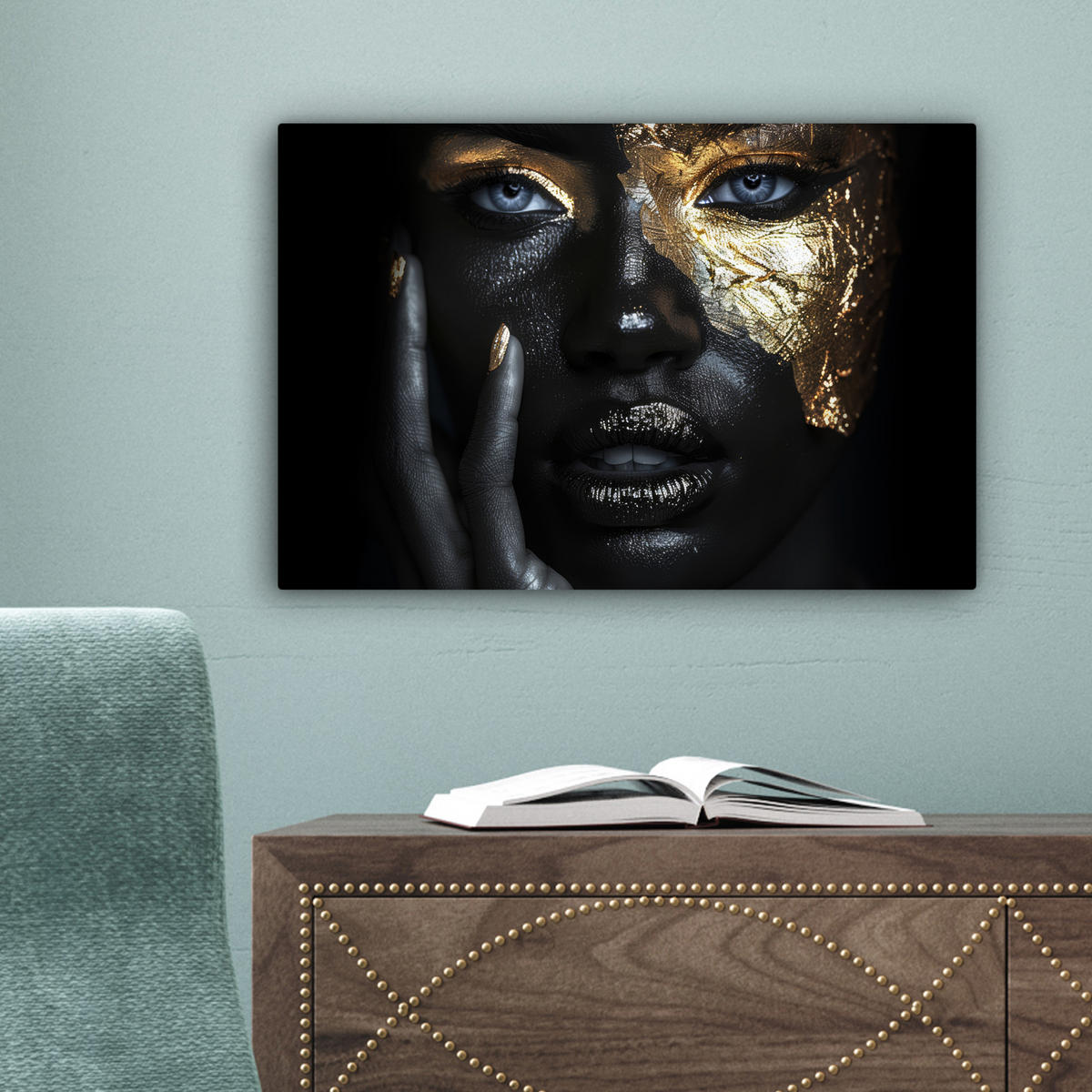 LEINWANDBILD Frau - Gold - Porträt - Schwarz-Weiß - Luxus 30x20 cm - Hellblau, Textil (30/20cm) - MuchoWow