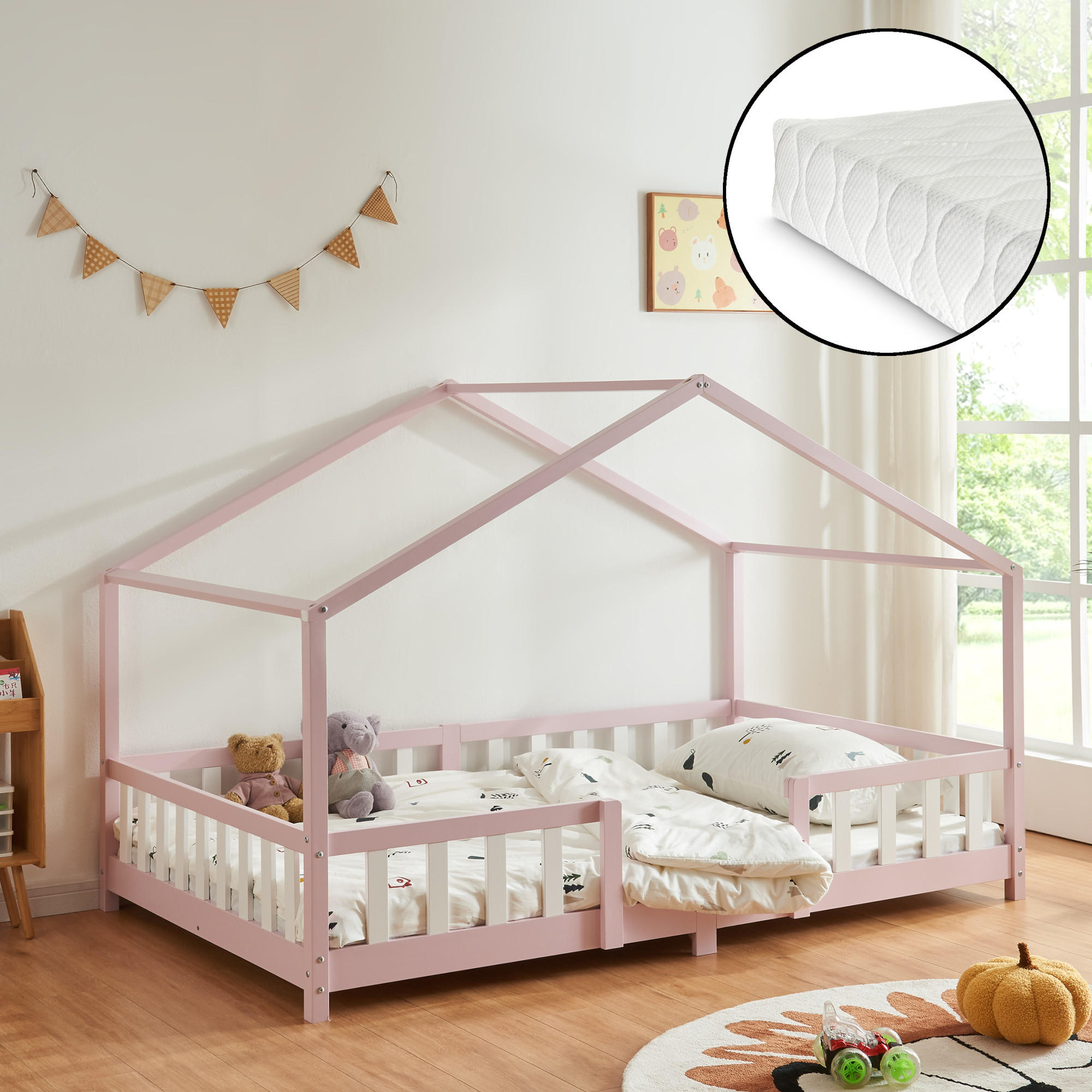 HAUSBETT Treviolo mit Matratze - Hellrosa/Weiß, Holz/Textil (120/200cm) - [en.casa]
