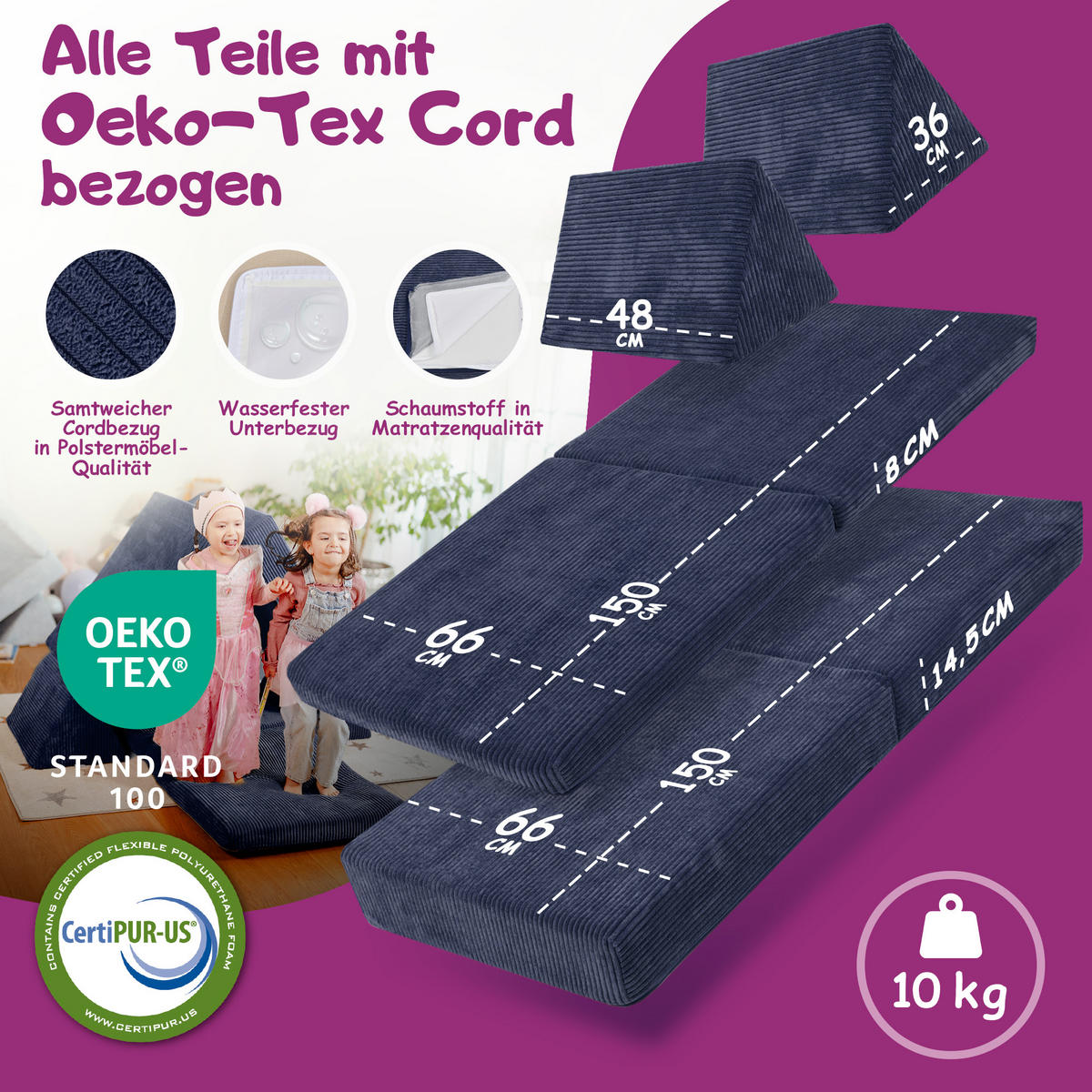 KINDERSOFA Spielparadies - Dunkelblau, Textil (66/52/150cm) - Linodino