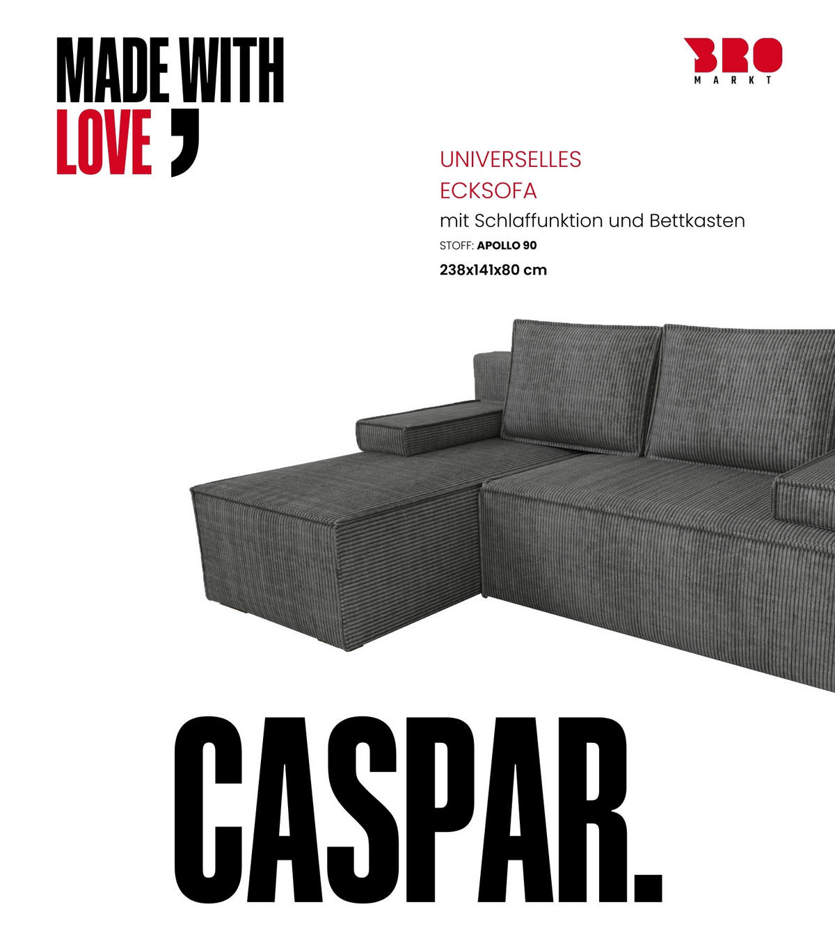 ECKSOFA Caspar mit Schlaffunktion Grau Cord - Dunkelgrau, Textil (200/141cm) - Bromarkt