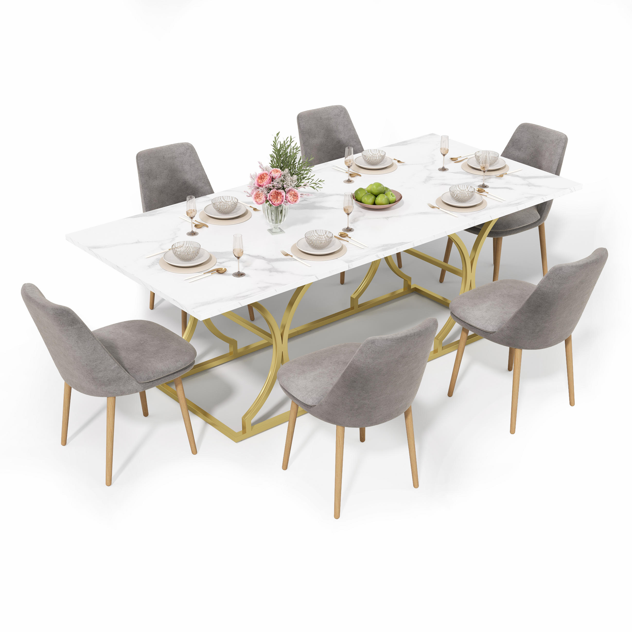 ESSTISCH Marmordesign MDF Tischplatte mit Metallbeinen Gold stabil 200 cm 8-10 Personen - Goldfarben/Weiß, Holzwerkstoff/Metall (200/80/76cm) - EVRYAE