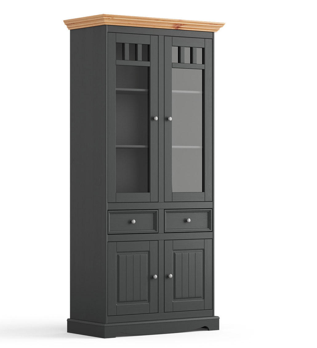 VITRINE Belluno Elegante Kiefer Natur gebeizt / basaltgrau lackiert 89 / 44 / 190cm - Grau/Kieferfarben, Holz/Holzwerkstoff (89/190/44cm) - Feldmann-Wohnen