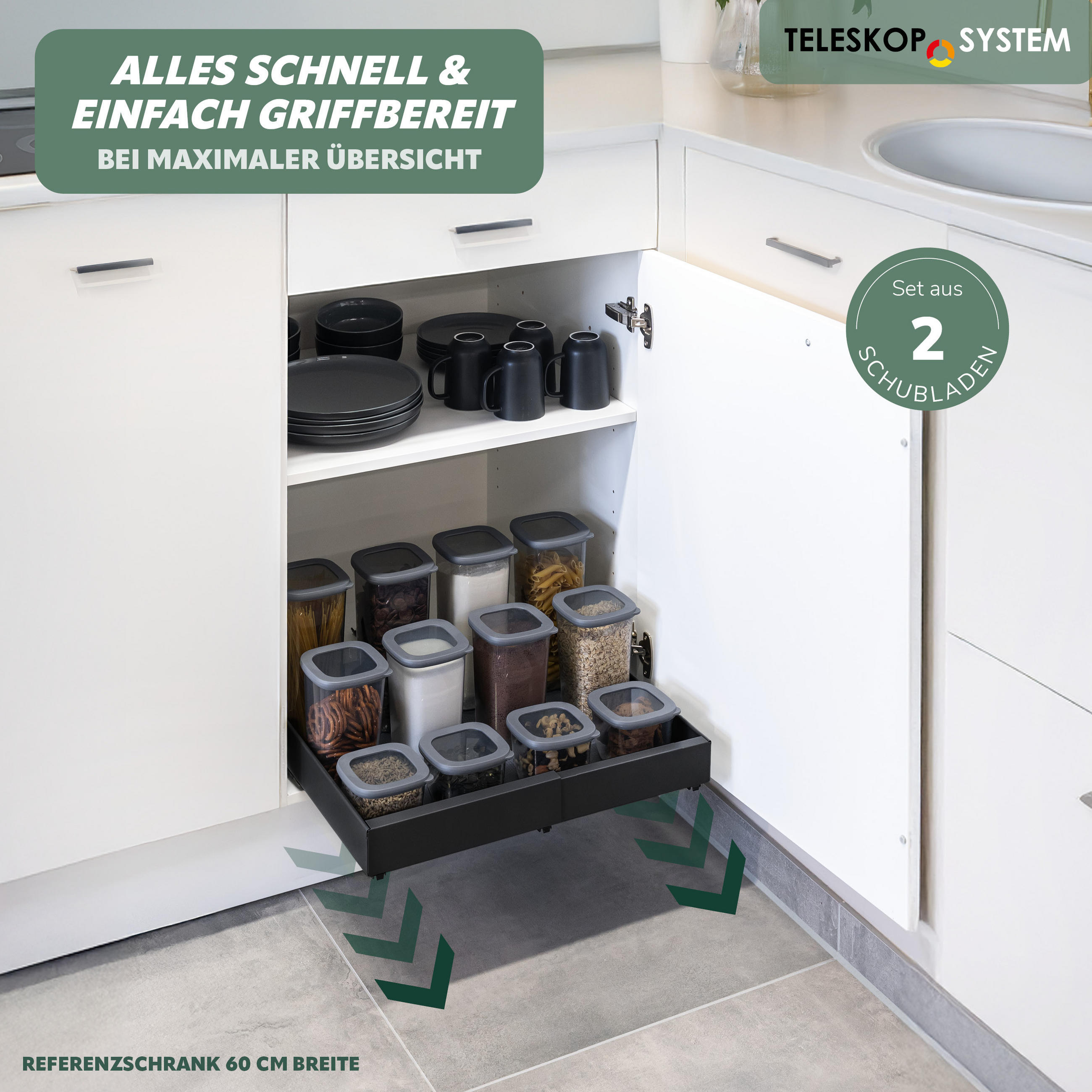 TELESKOPSCHUBLADEN (2er Set), ausziehbar, Metall, schwarz - Schwarz, Metall (51/6/42cm) - bremermann