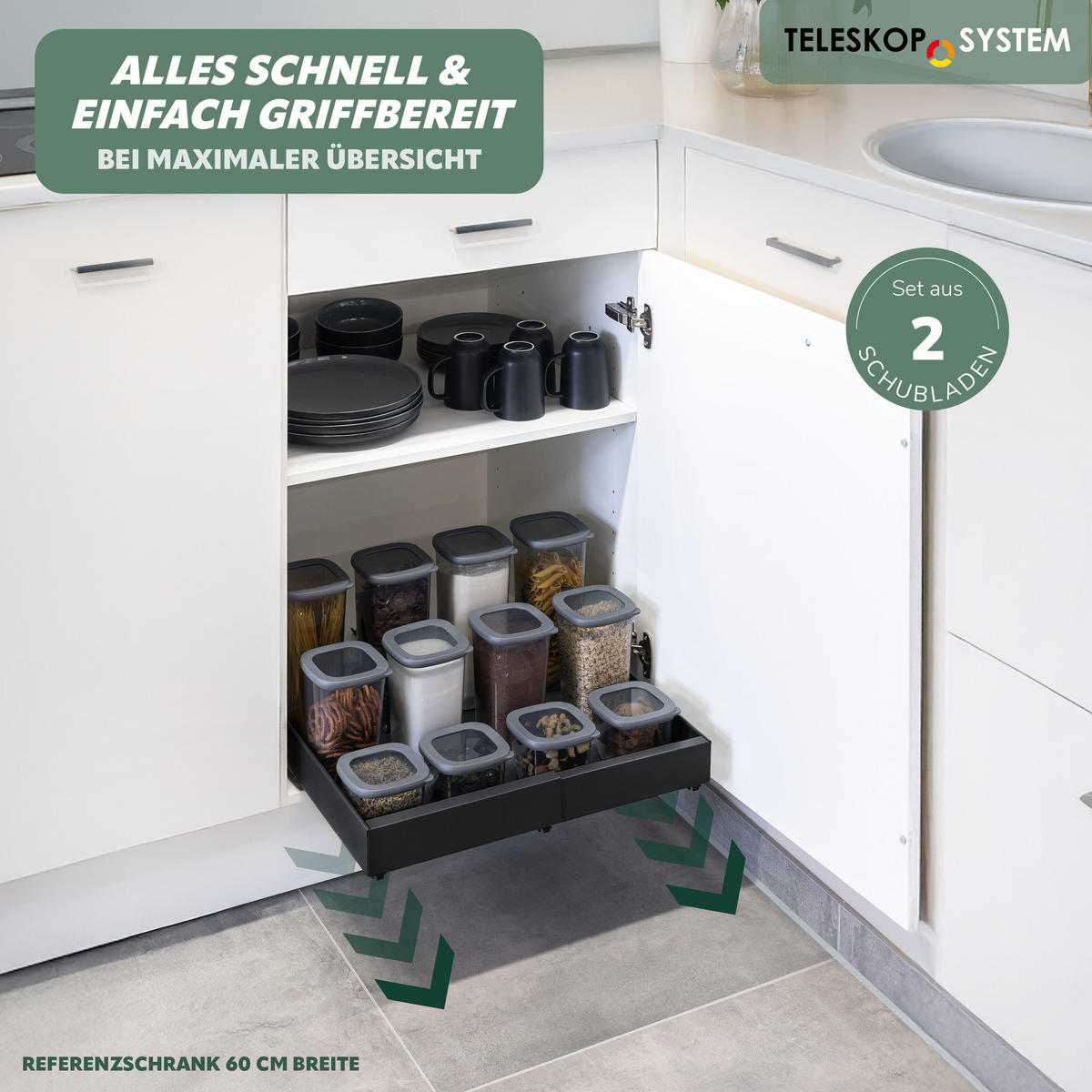 TELESKOPSCHUBLADEN (2er Set), ausziehbar, Metall, schwarz - Schwarz, Metall (51/6/42cm) - bremermann