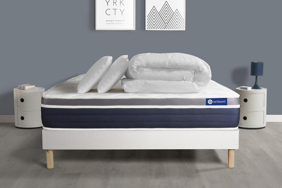 BETT Actiflex confort Taschenfederkern und Memory-Schaum 180 x 200 cm h2 - Kit Bettgestell Weiß - Mit Kissen und Bettdecke - Beige/Weiß, Holz/Textil (180/200cm) - ACTISOM