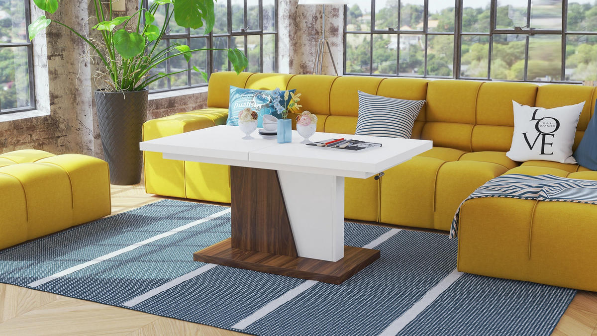 COUCHTISCH rechteckig Weiß matt - Nussbaum ausziehbar höhenverstellbar - Nussbaumfarben/Weiß, Holzwerkstoff (70/120/60cm) - designimpex