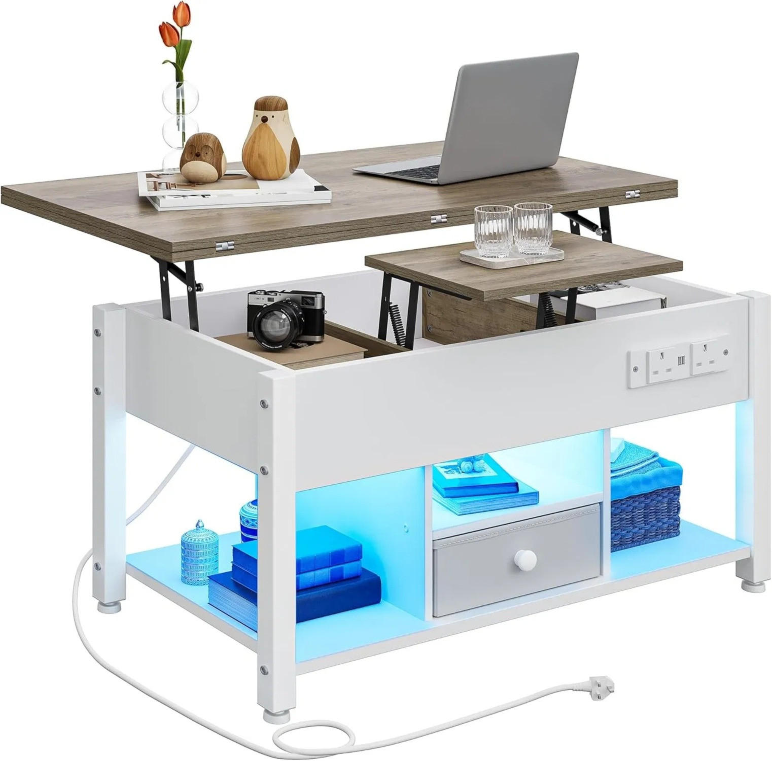 COUCHTISCH, 4-in-1, Weiß, Grau, höhenverstellbar, LED - Weiß, Holzwerkstoff (47.8/90/61.7cm) - Kaket