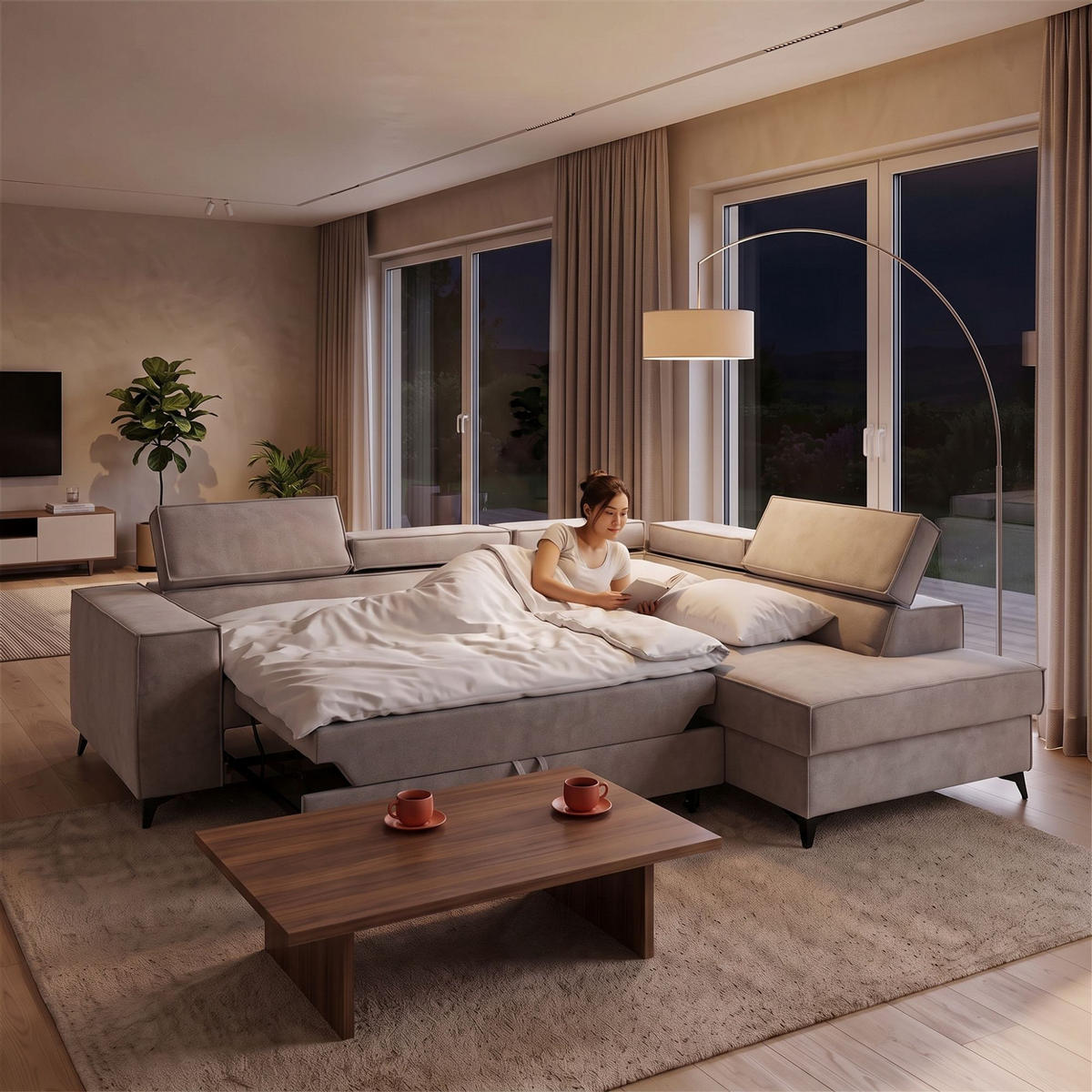 ECKSOFA PURE L Rechts mit Schlaffunktion 127x199 Velours Creme - Creme/Schwarz, Holz/Textil (204/281cm) - Muffo