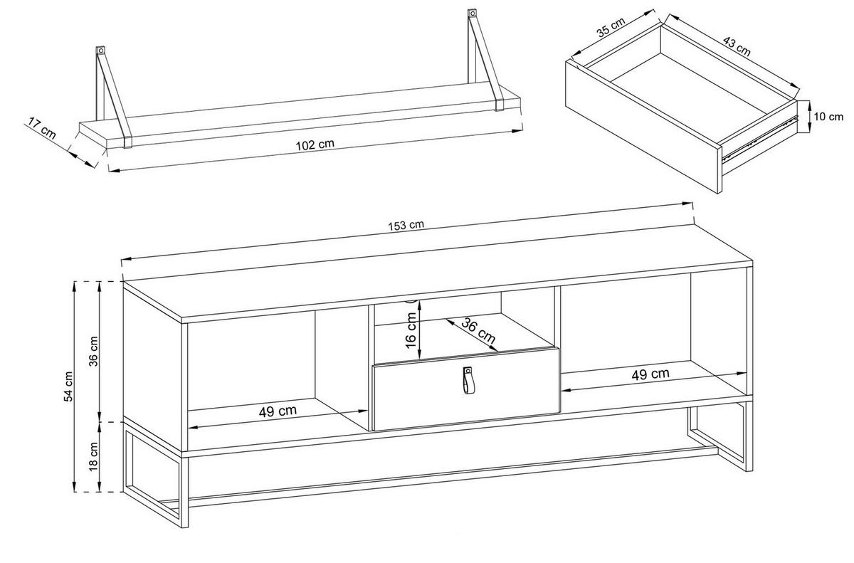 LOWBOARD MIT WANDREGAL Dark Ribbeck Eiche / black stone 153 / 39 / 54cm - Eichefarben/Multicolor, Leder/Holz (153/54/39cm) - Feldmann-Wohnen