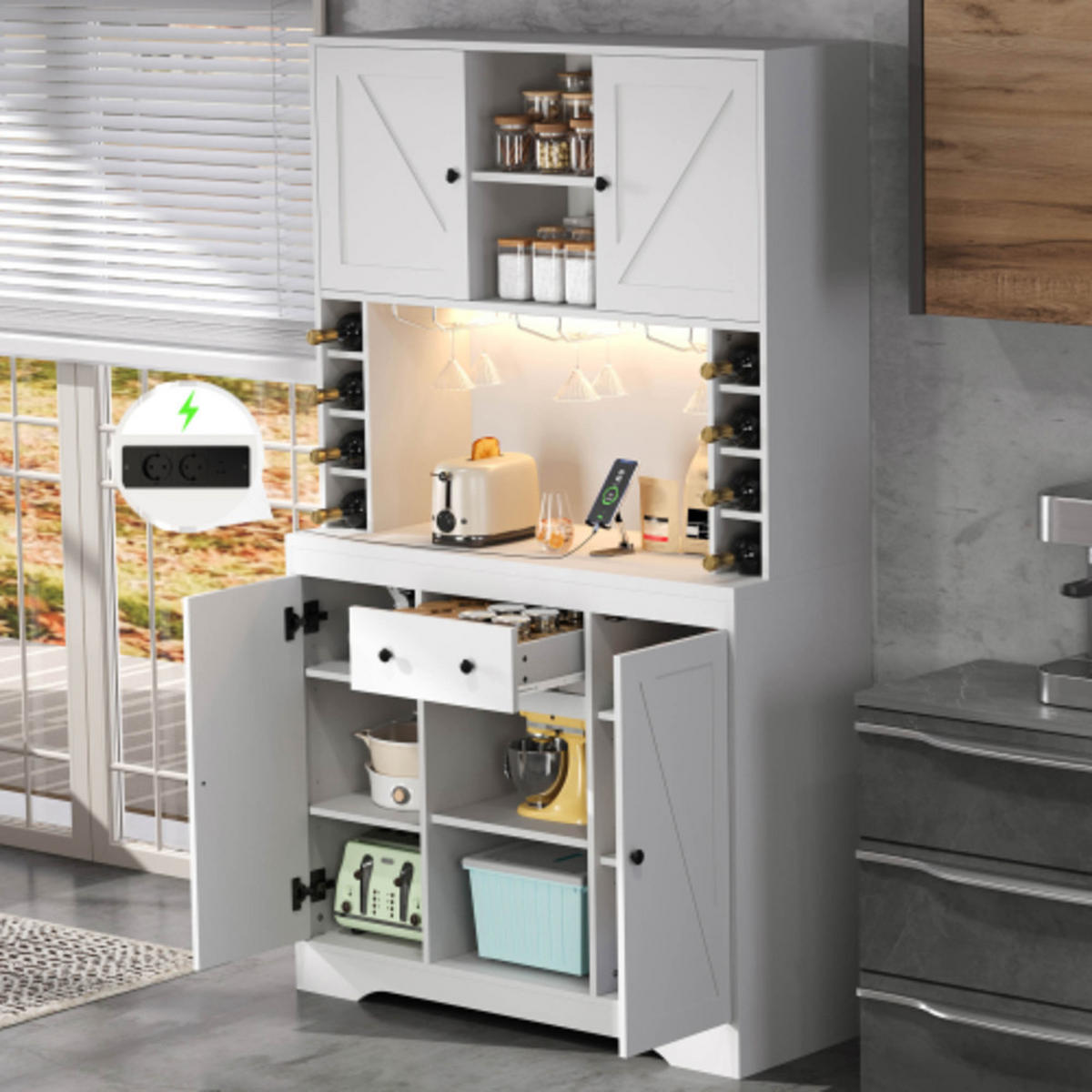KÜCHENSCHRANK weiß aus MDF mit App-LED, integriertem Strommodul und Weinfächern 105 × 40 × 180 cm - Weiß, Holzwerkstoff (105/180/40cm) - Luhomfu