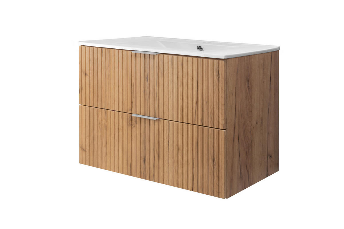 WASCHBECKUNTERSCHRANK, Eiche Craft, 80 x 57 x 46 cm, Griff silber, ohne Arbeitsplatte - Eichefarben/Silberfarben, Holzwerkstoff (80/57/46cm) - 3XE LIVING