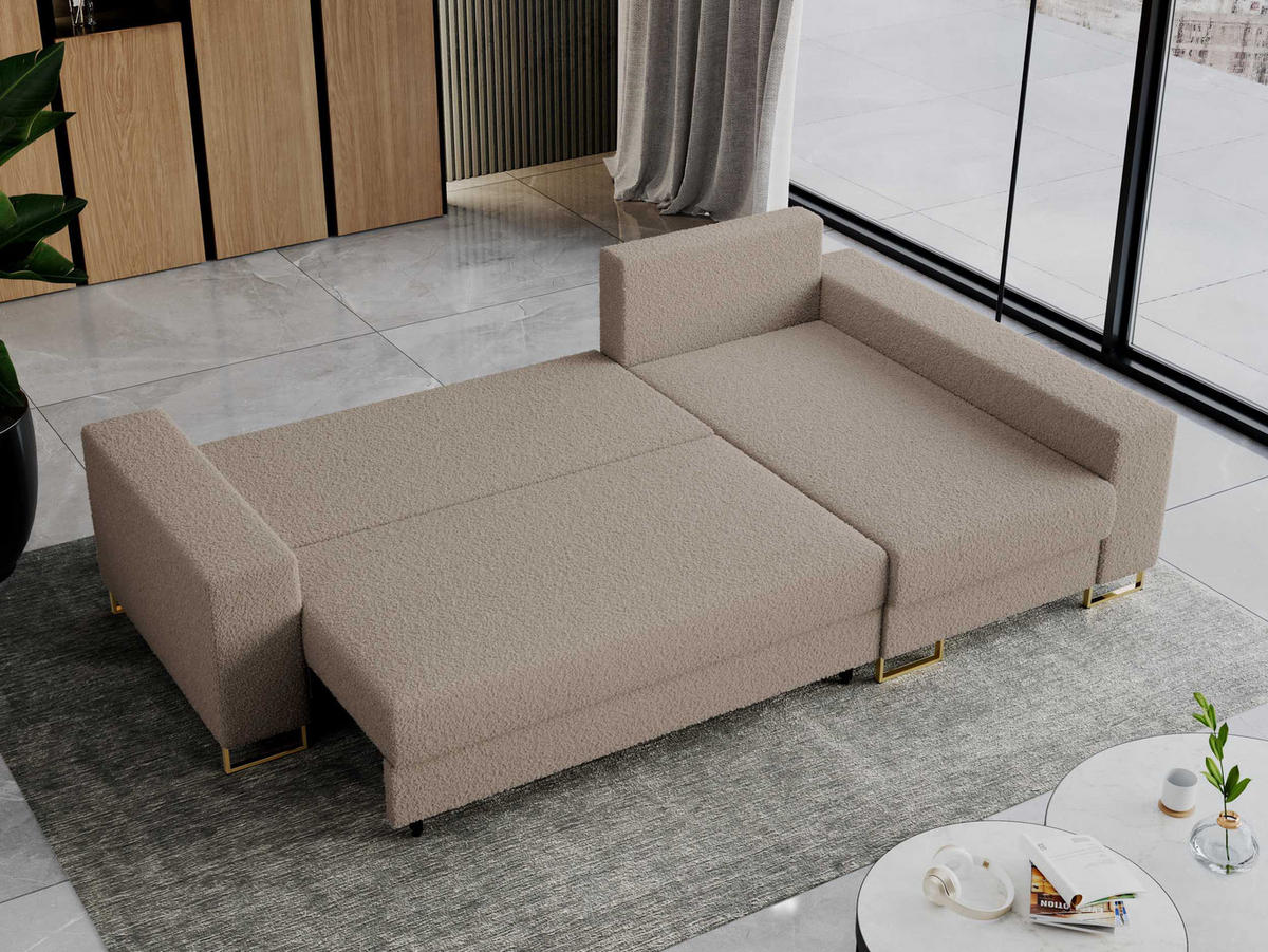 ECKSOFA Dorian Boucle Hellbraun - Hellbraun/Goldfarben, Textil/Metall (242/138cm) - MKS