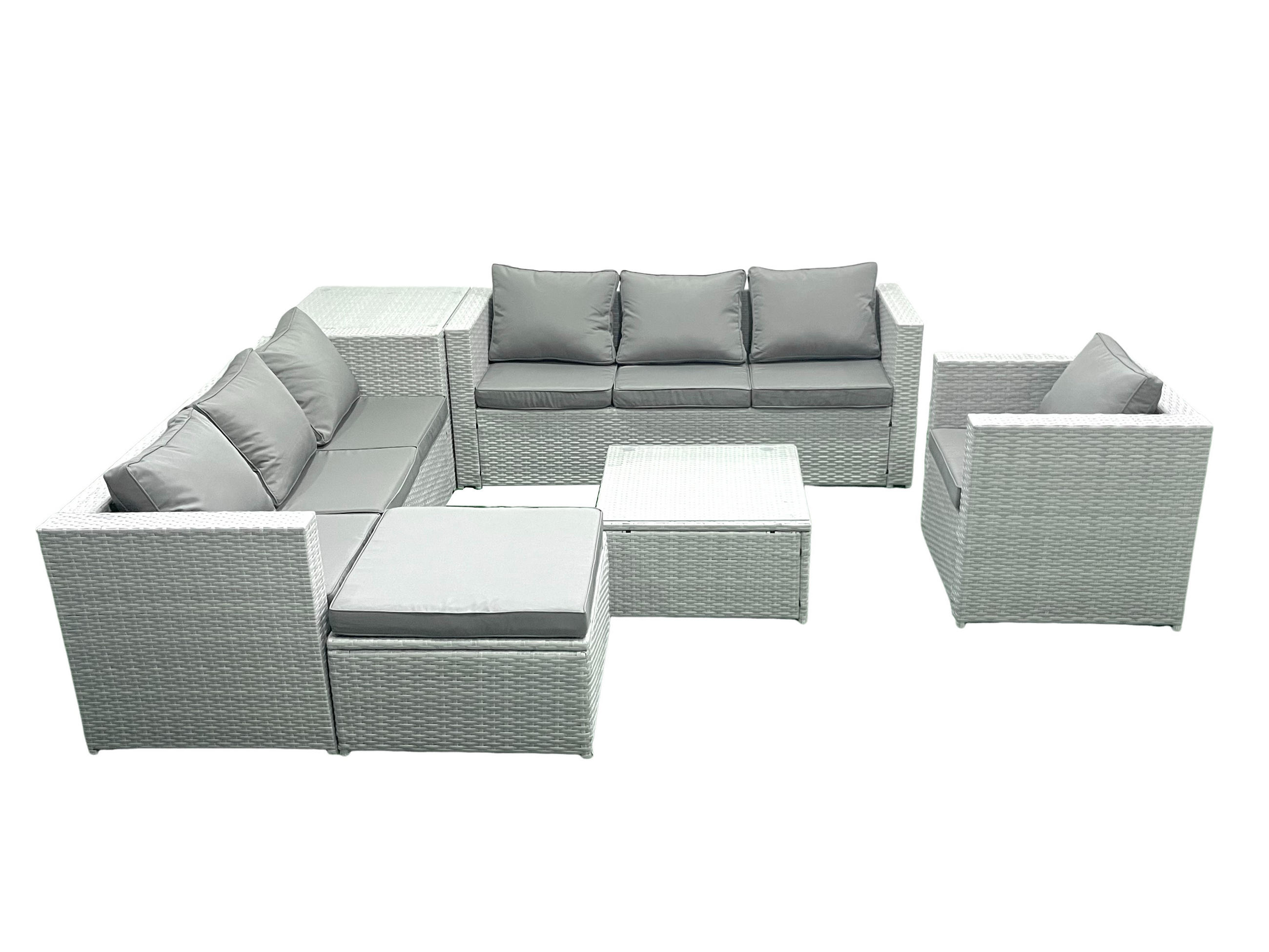 GARTENMÖBEL-SET mit Kissen Polyrattan Hellgrau-Mix 8-Sitzer - Hellgrau/Grau, Glas/Kunststoff - Fimous