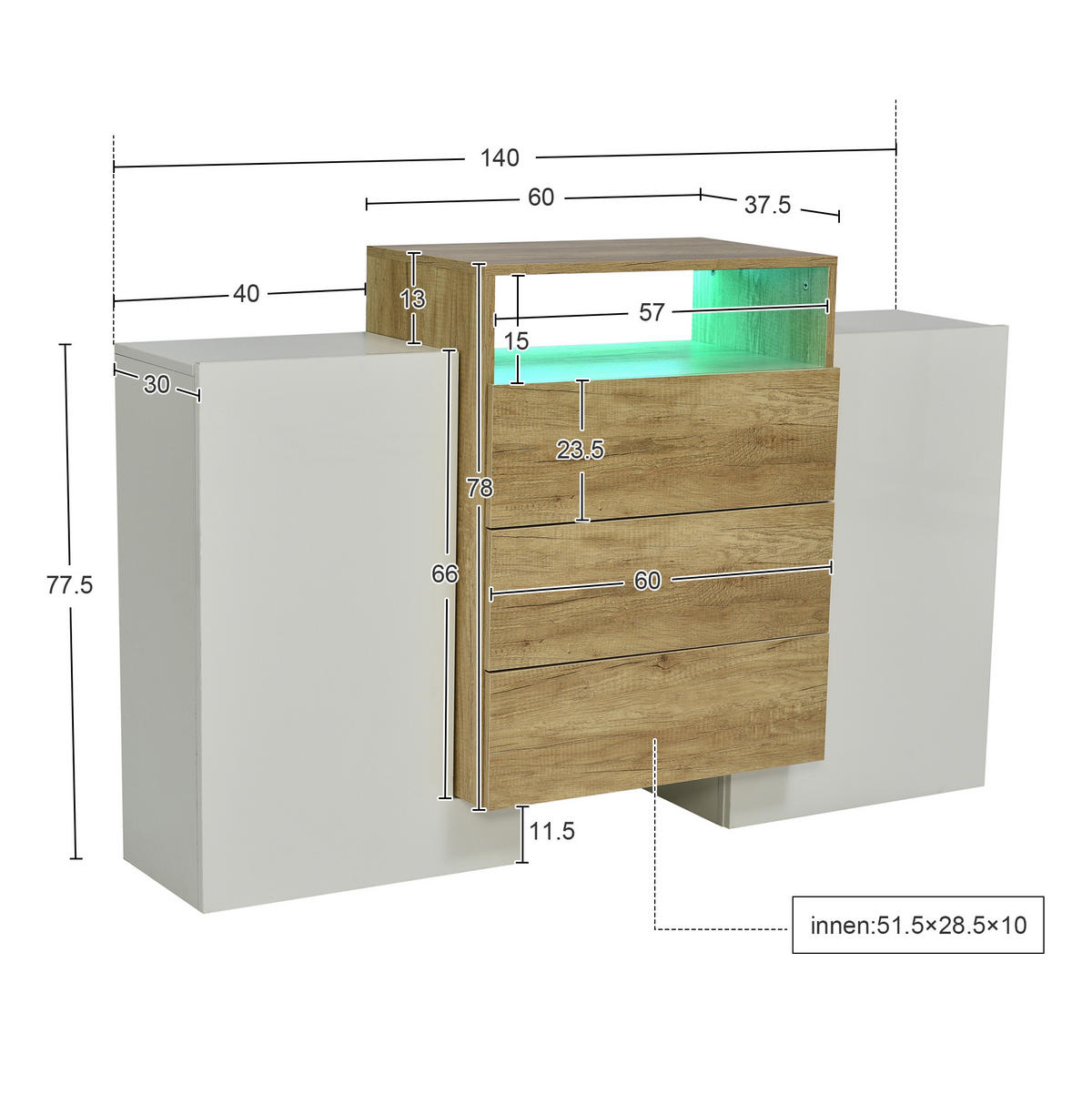 SIDEBOARD 140/77,5/30 cm Weiß und Holzfarbe aus MDF mit LED-Beleuchtung - Naturfarben, Holzwerkstoff (30/77/140cm) - OKMYHOME