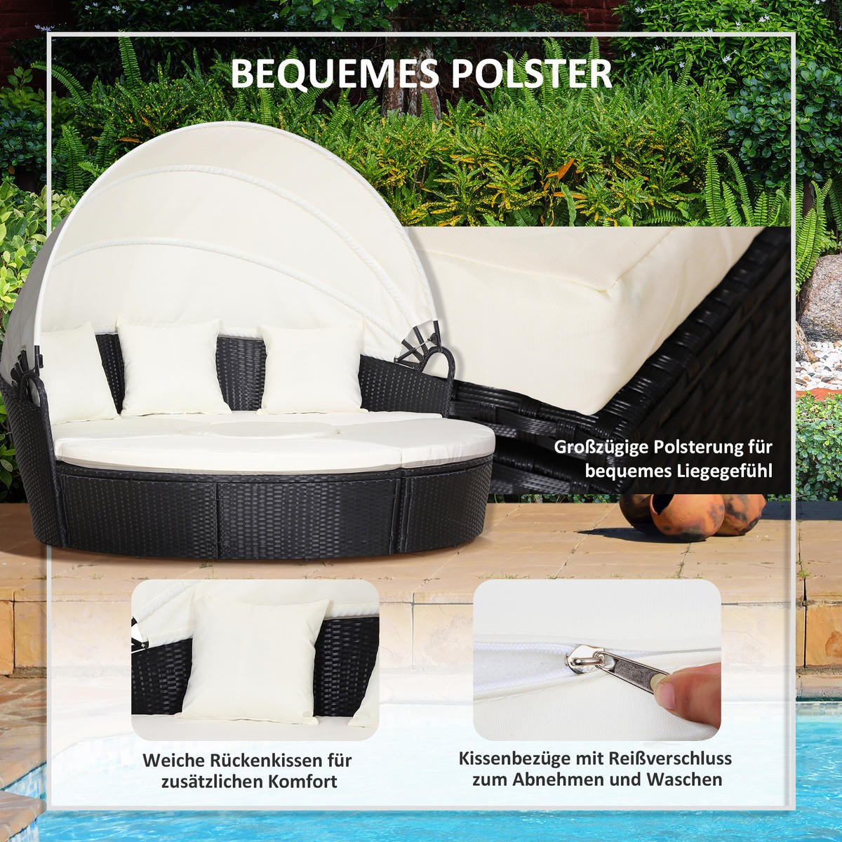 SONNENINSEL, Loungegruppe mit Sonnendach, Metall, Creme - Schwarz, Kunststoff - Outsunny
