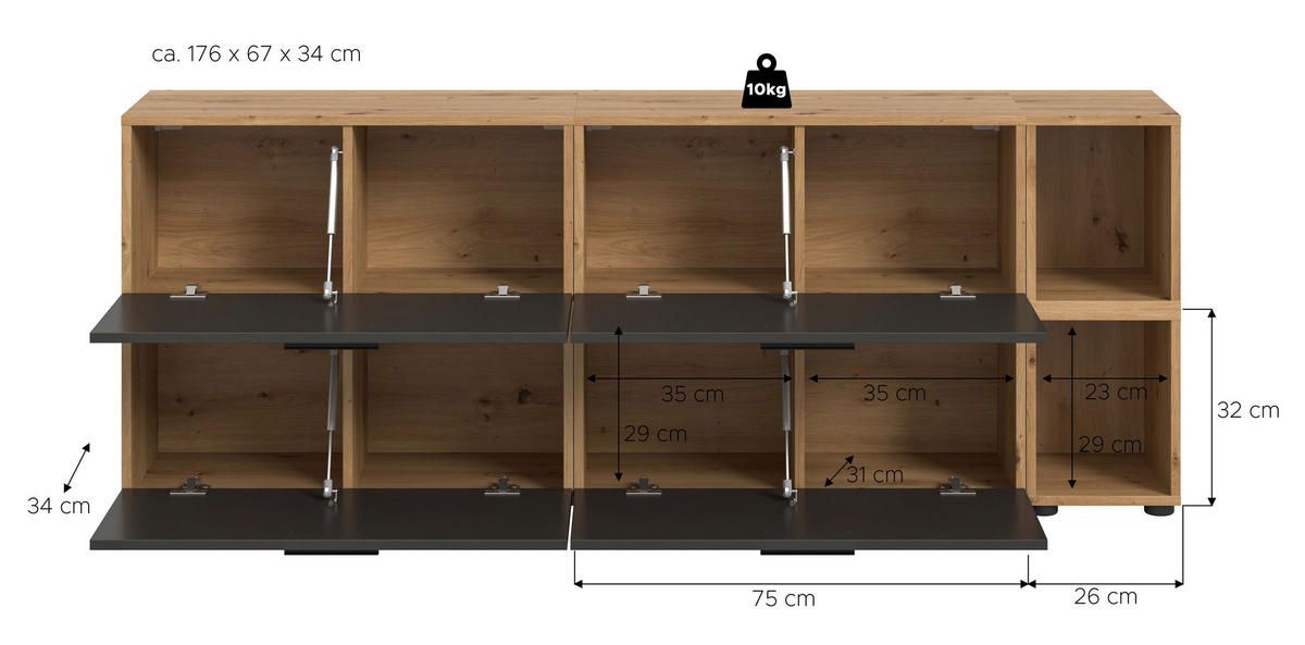 WOHNWAND The One Basalt grau 176/34/67 cm - Braun, Holzwerkstoff (176/67/34cm) - Xonox