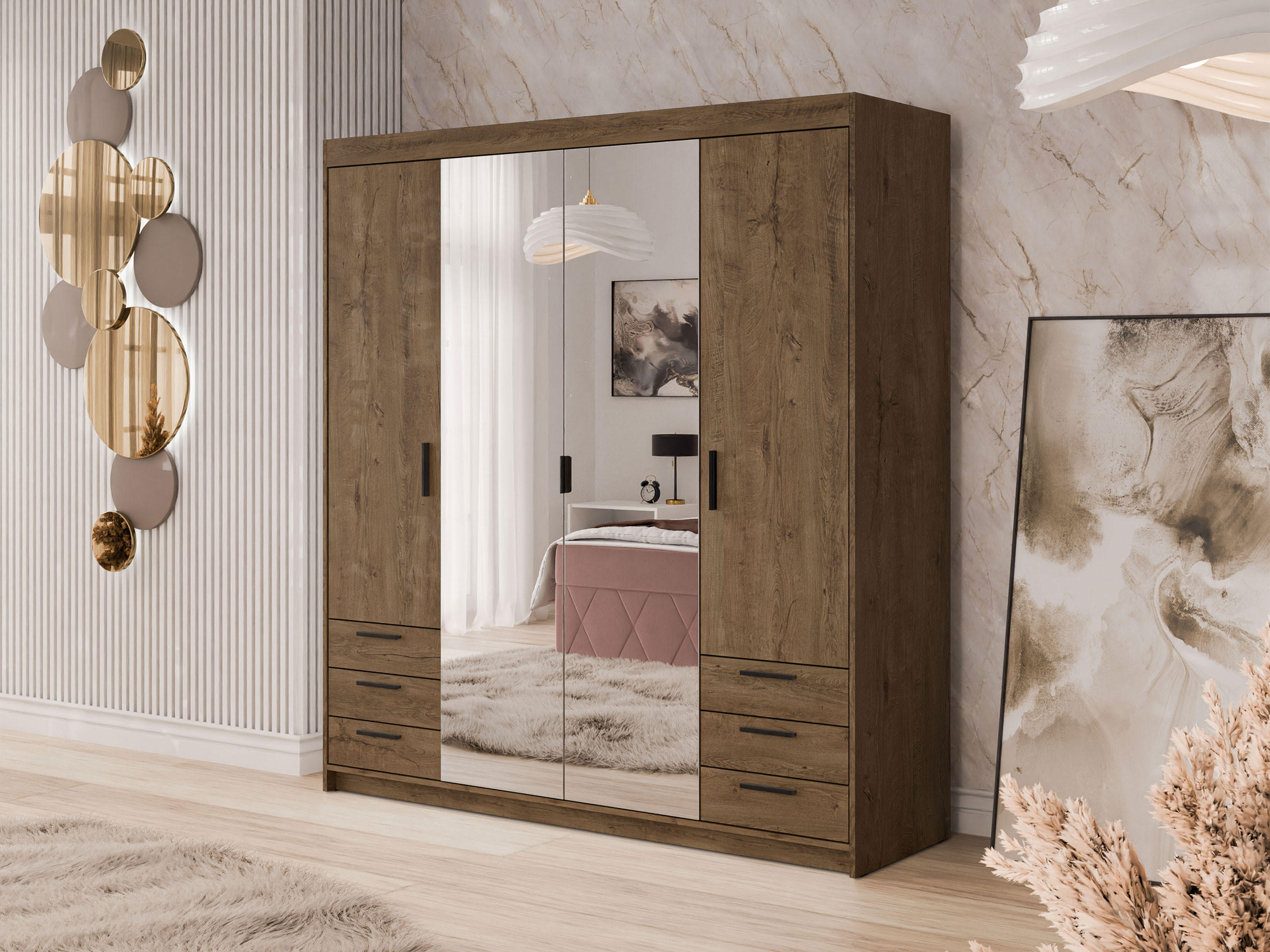 KLEIDERSCHRANK Elena 4D6S - Eichefarben/Schwarz, Holzwerkstoff/Kunststoff (177/191/53cm) - MIRJAN24