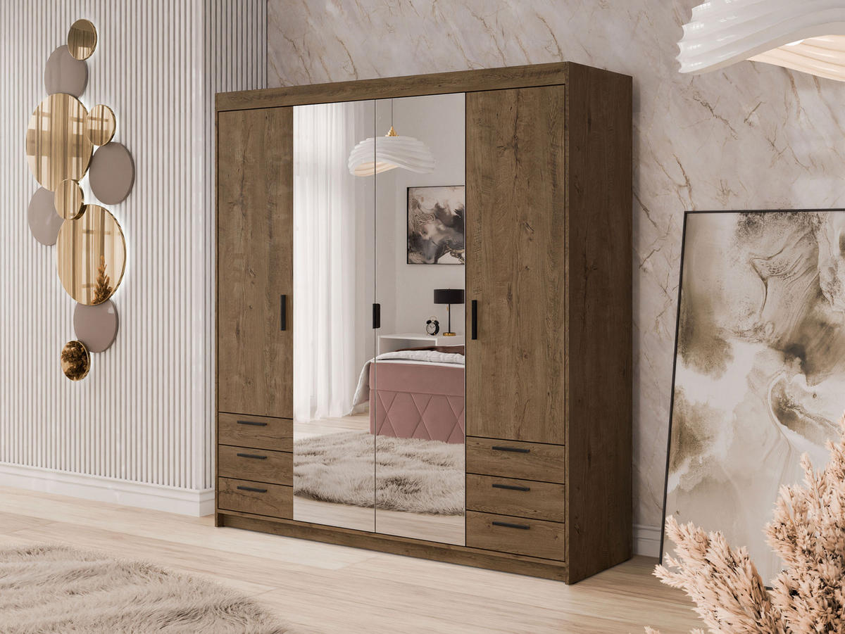 KLEIDERSCHRANK Elena 4D6S - Eichefarben/Schwarz, Holzwerkstoff/Kunststoff (177/191/53cm) - MIRJAN24