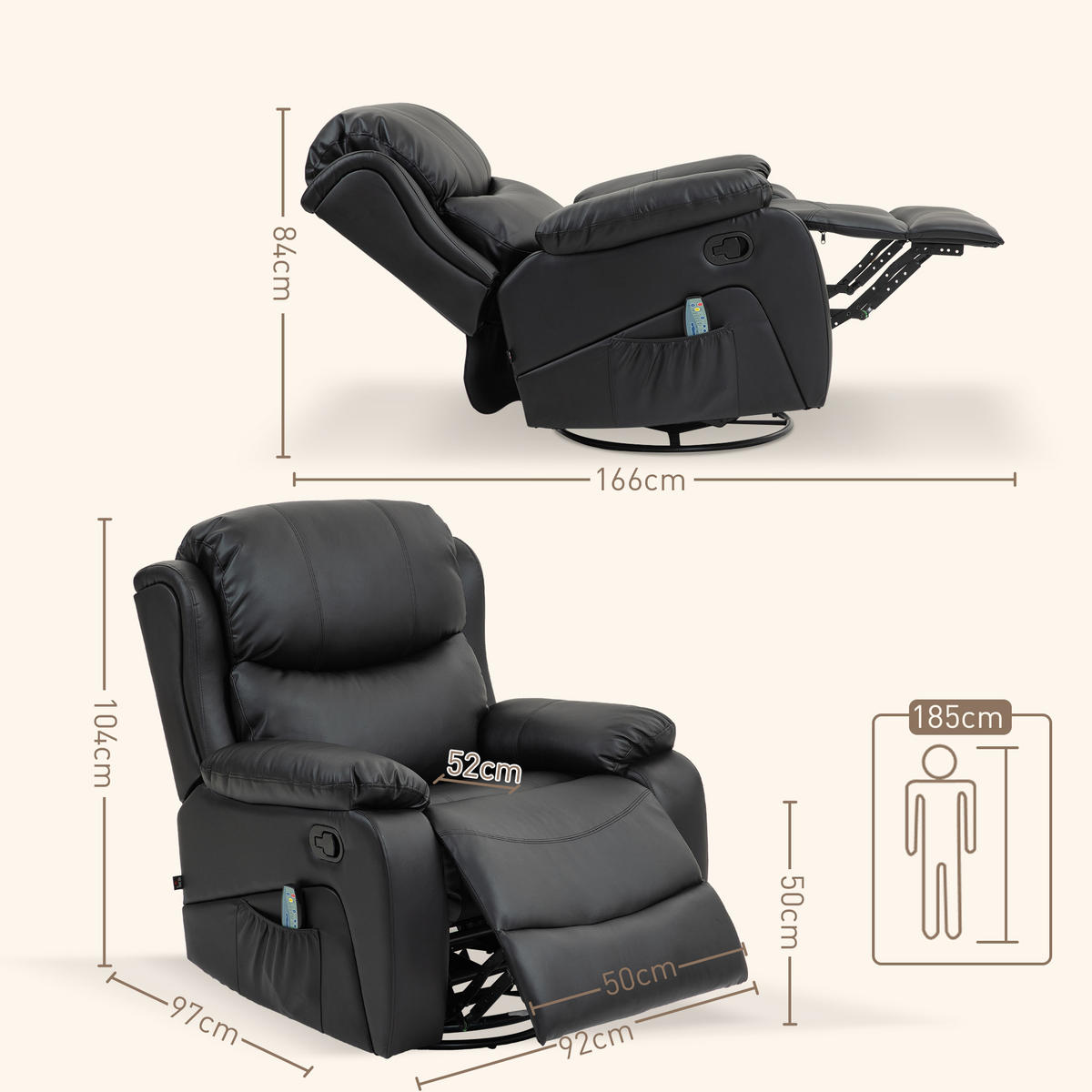 MASSAGESESSEL, Schwarz, Kunstleder - Schwarz, Kunststoff (92/104/97cm) - HOMCOM