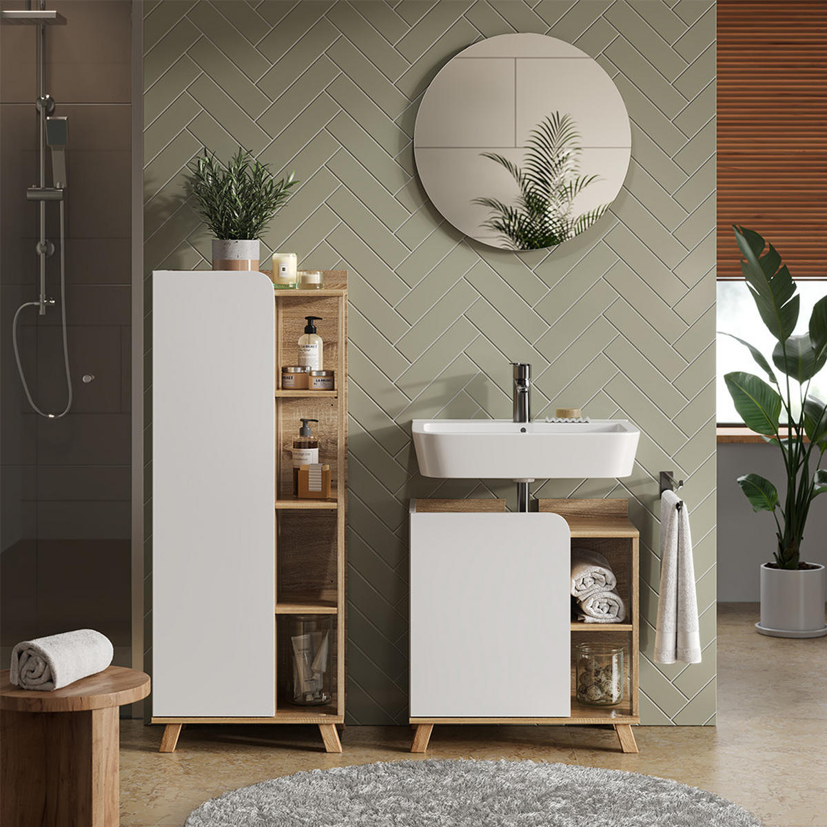 BADMÖBEL-SET Karen Sonoma/Weiß 3 Teile - Weiß/Sonoma Eiche, Holzwerkstoff (60/65/35cm) - Vicco