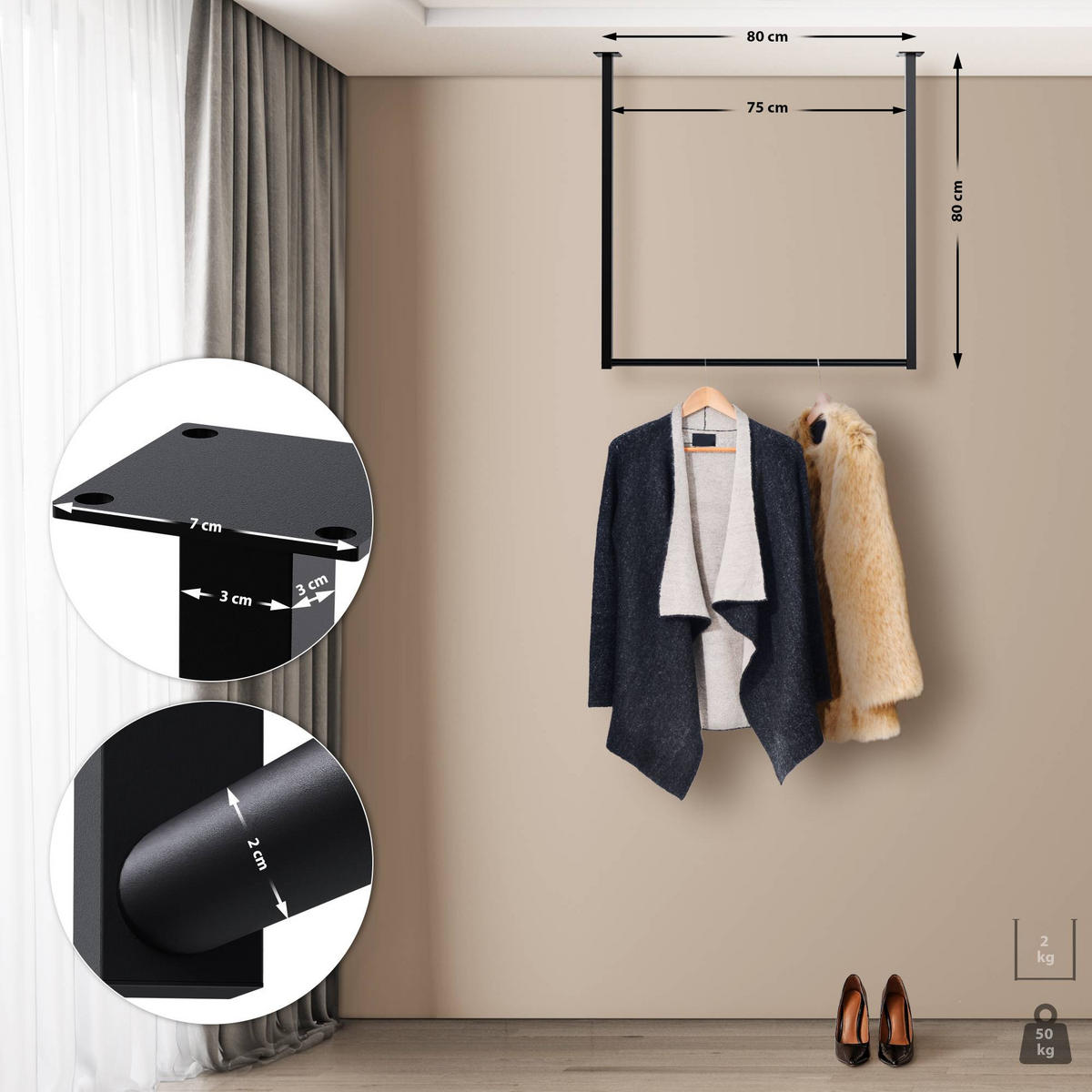 KLEIDERSTANGE Ben Deckenmontage 80x7x80cm Metall Schwarz Industrie-Design - Schwarz, Metall (7cm) - DELUKE