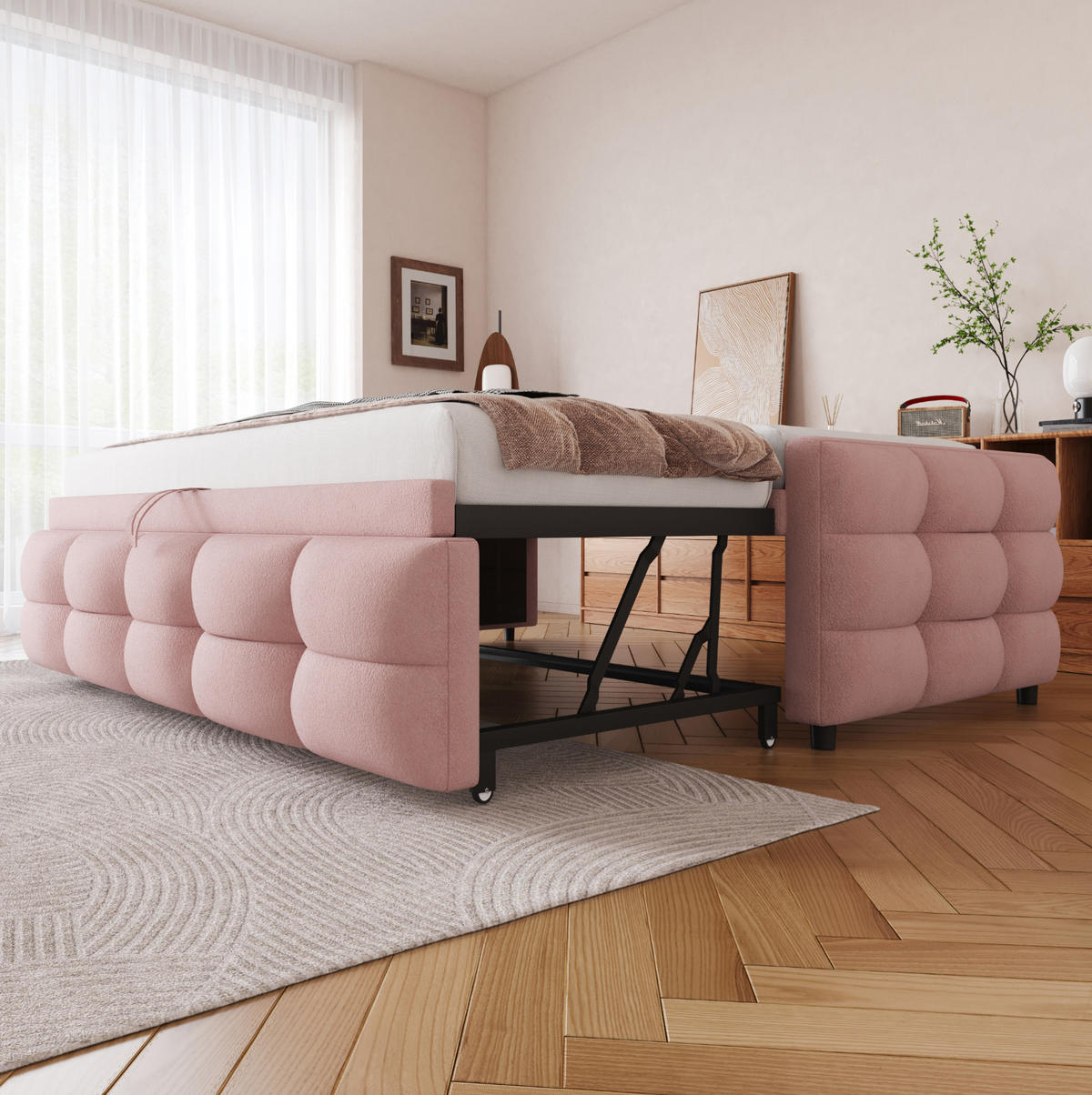 POLSTERBETT 90/180/190 cm Rosa aus Teddy mit Ausziehfunktion - Rosa, Textil (90/190cm) - OKMYHOME