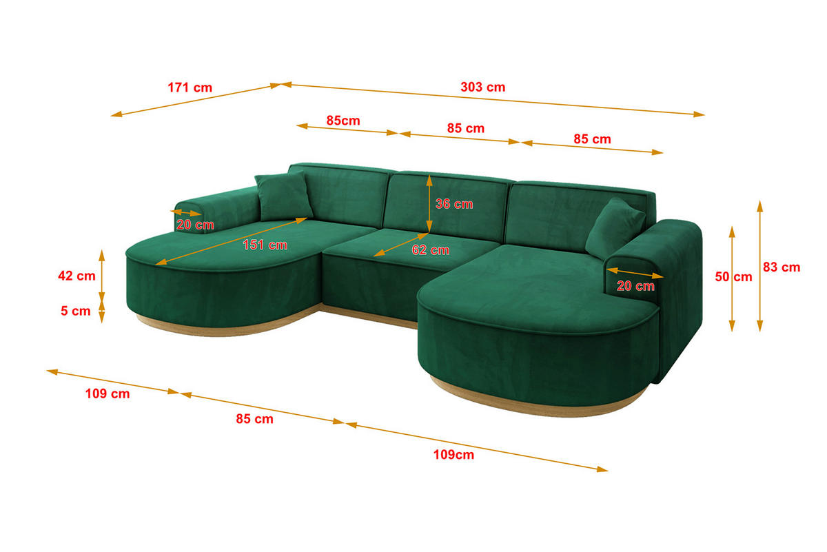 WOHNLANDSCHAFT MARI-U1-v2 - 303x171x83 cm Grün Velours - Grün, Holzwerkstoff/Textil (303/83/171cm) - ALTDECOR