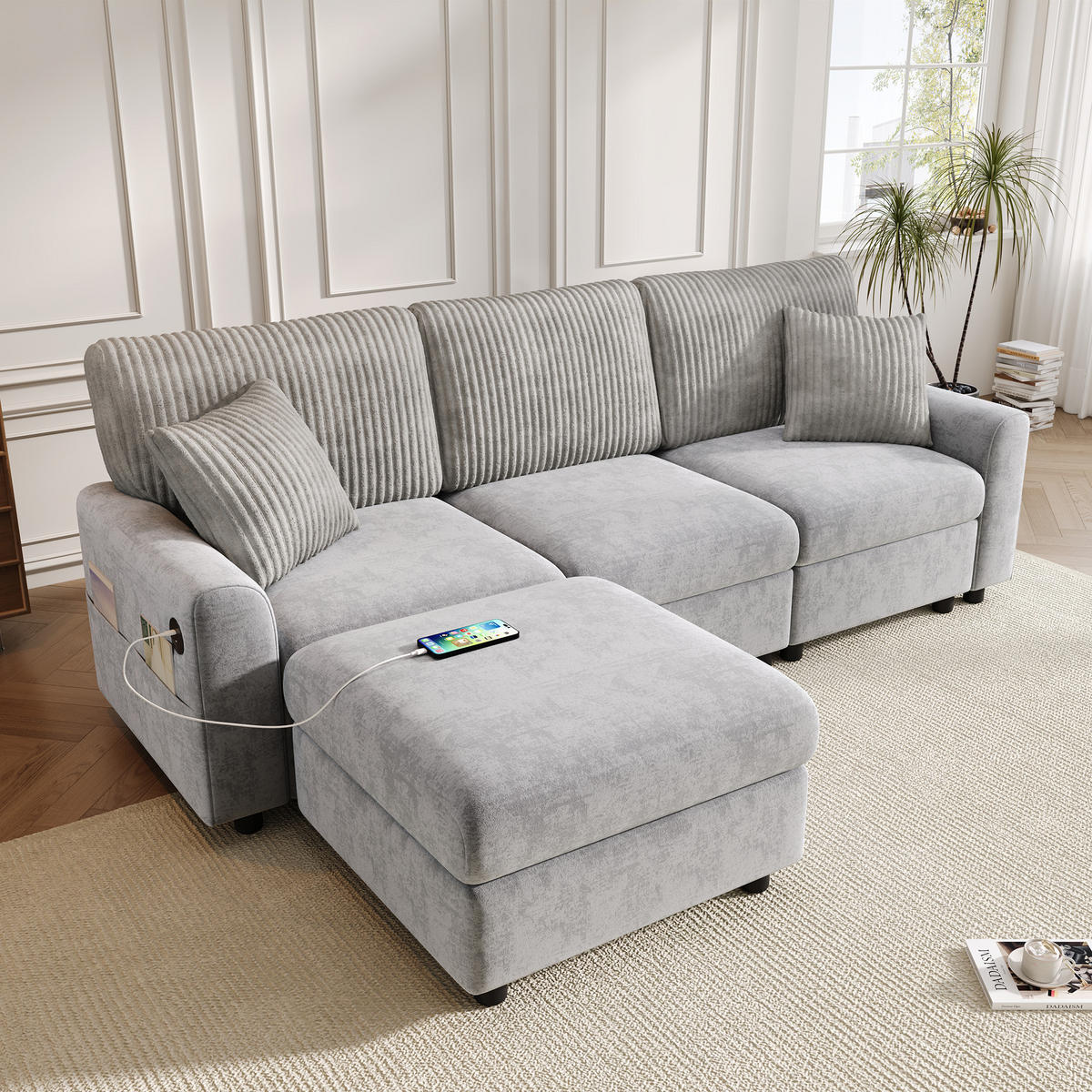 ECKSOFA 223/146/84 cm Grau mit 1 Fußhocker, 2 quadratischen Kissen, 1 USB-Anschluss und 1 Type-C-Anschluss - Grau, Textil (146/84/223cm) - Oxeza