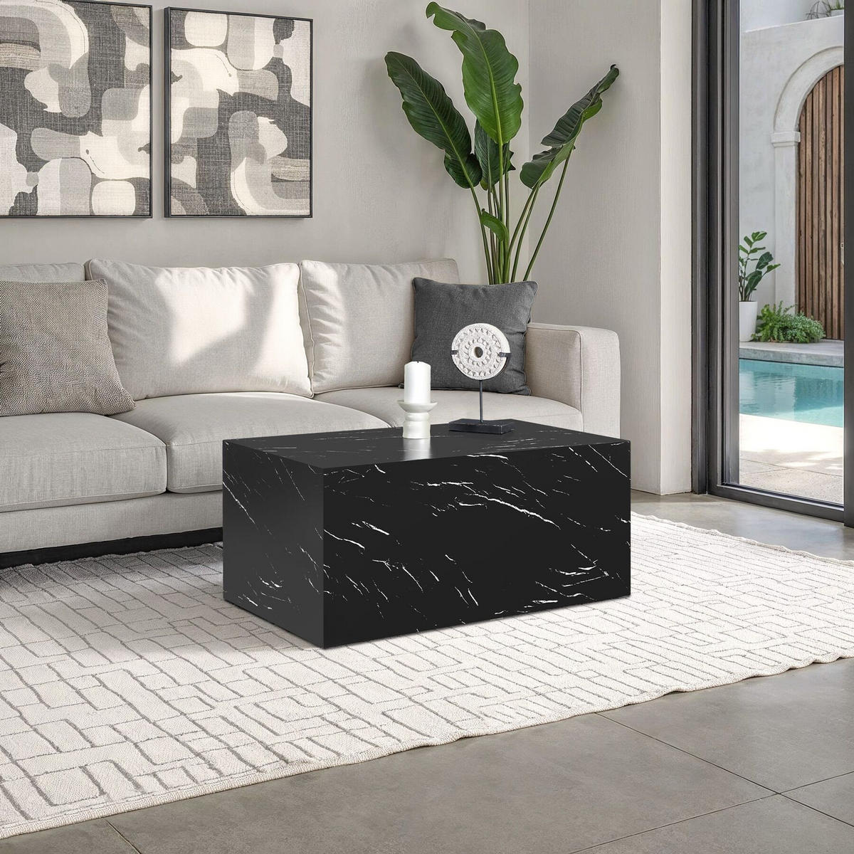 COUCHTISCH Lasley,inkl. Bodenschoner, Belastbarkeit 45 kg,Marmor Optik schwarz - Schwarz, Holz (50/90/40cm) - tectake