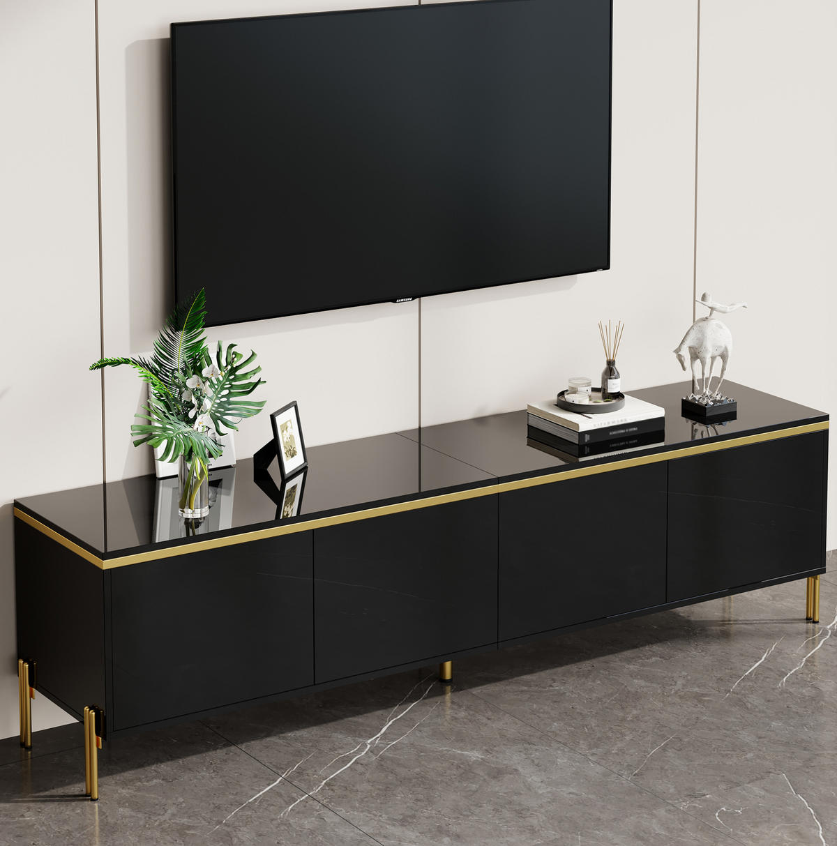 TV ormarić 170/38/50 cm crni od iverala s 4 vrata i otvorima za kabele - crna, drvni materijal (170/50/38cm) - OKWISH