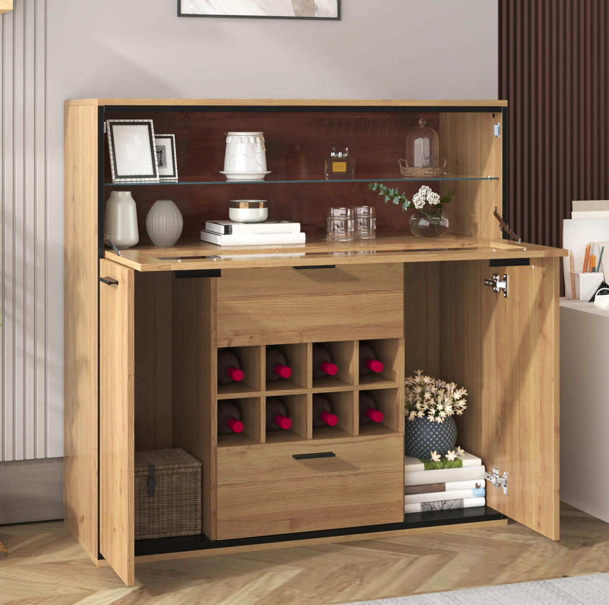 SIDEBOARD mit Weinregal 110 x 38 x 111 cm Holzoptik Schwarz - Braun, Holzwerkstoff (110/111/38cm) - Meubliv