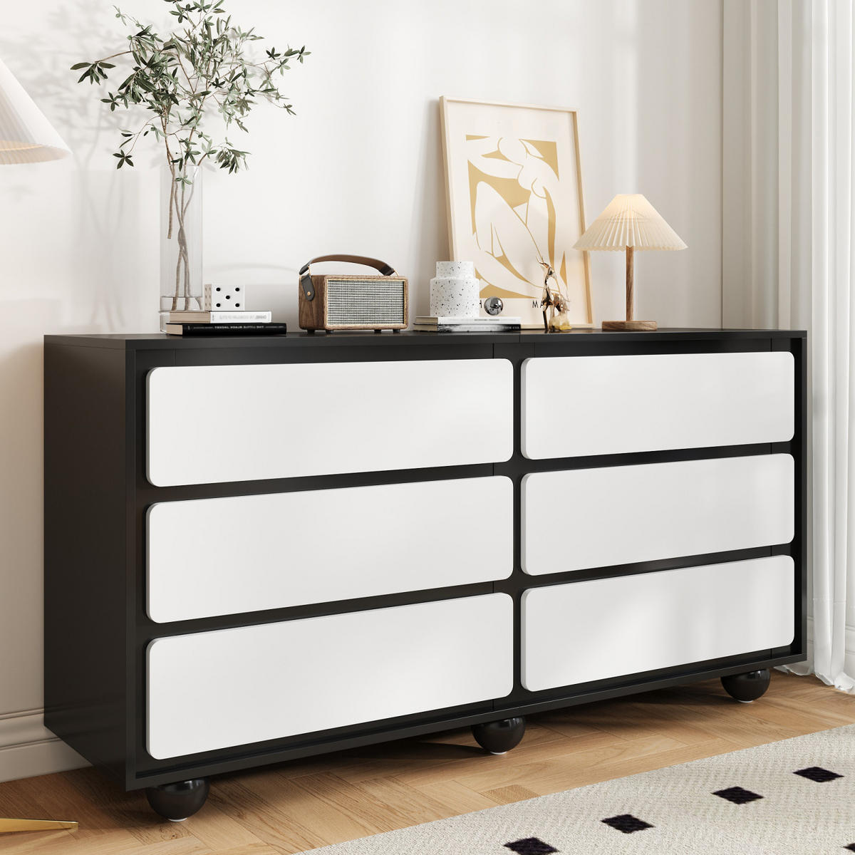 KOMMODE 6 Schubladen, modernes Design, für Wohnraum - Weiß, Holz (140/74/38cm)