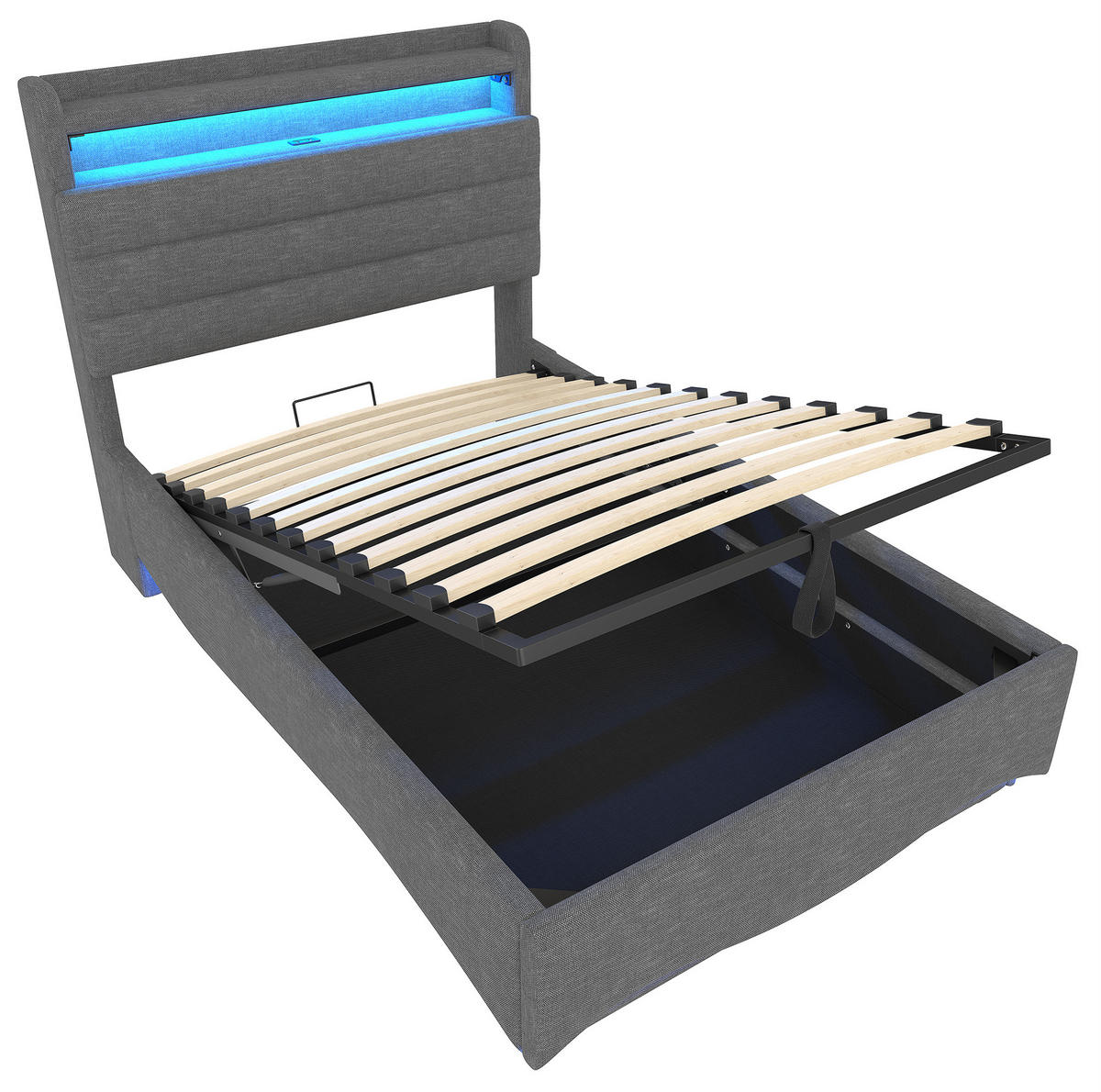 ČALÚNENÁ posteľ z ľanovej tkaniny 90x200 cm sivá s LED osvetlením, hydraulickým úložným priestorom a USB-C - sivá, textil (90/200cm) - Modfu