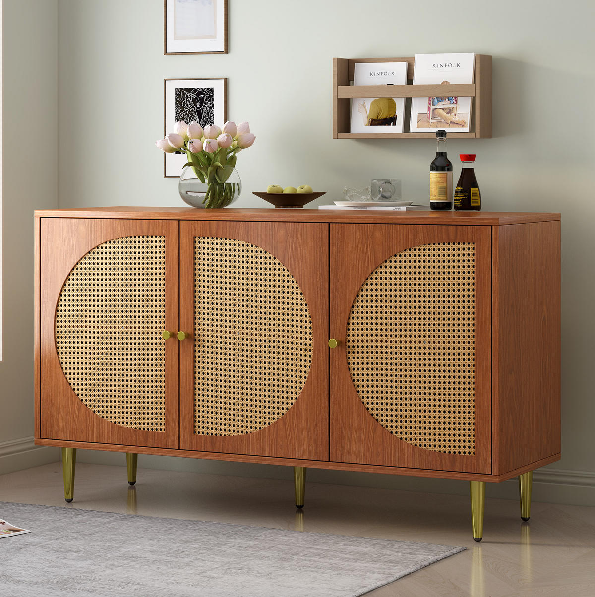 SIDEBOARD mit 3 Rattan-Türen und verstellbaren Einlegeböden, 129,8/40/76 cm, Walnussoptik - Walnussfarben, Holzwerkstoff (129.8/76/40cm) - Redom