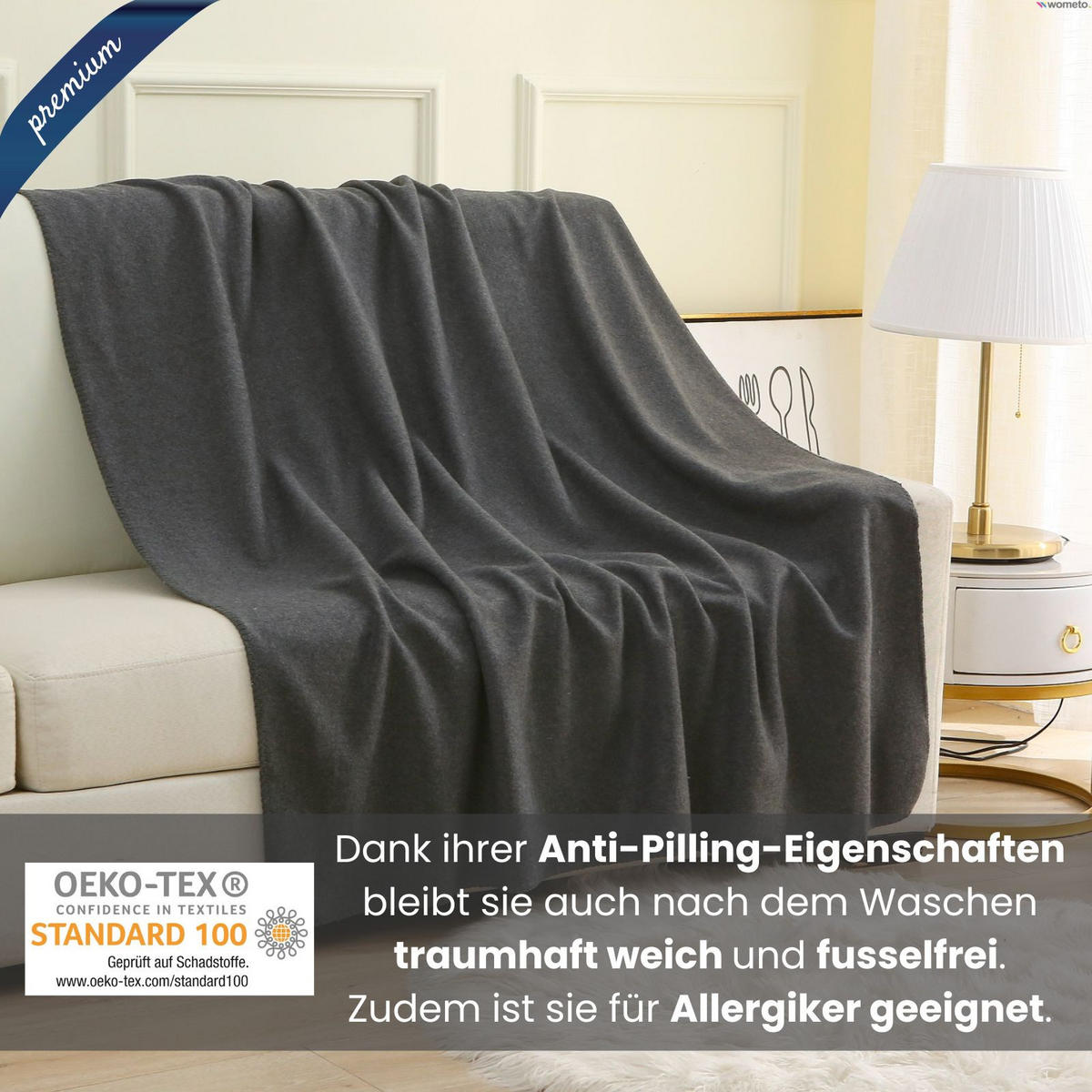 FLEECEDECKE 2er Set premium-line dunkelgrau 130/160 cm Ketteleinfassung Anti-Pilling - Dunkelgrau, Textil (130/160cm) - wometo