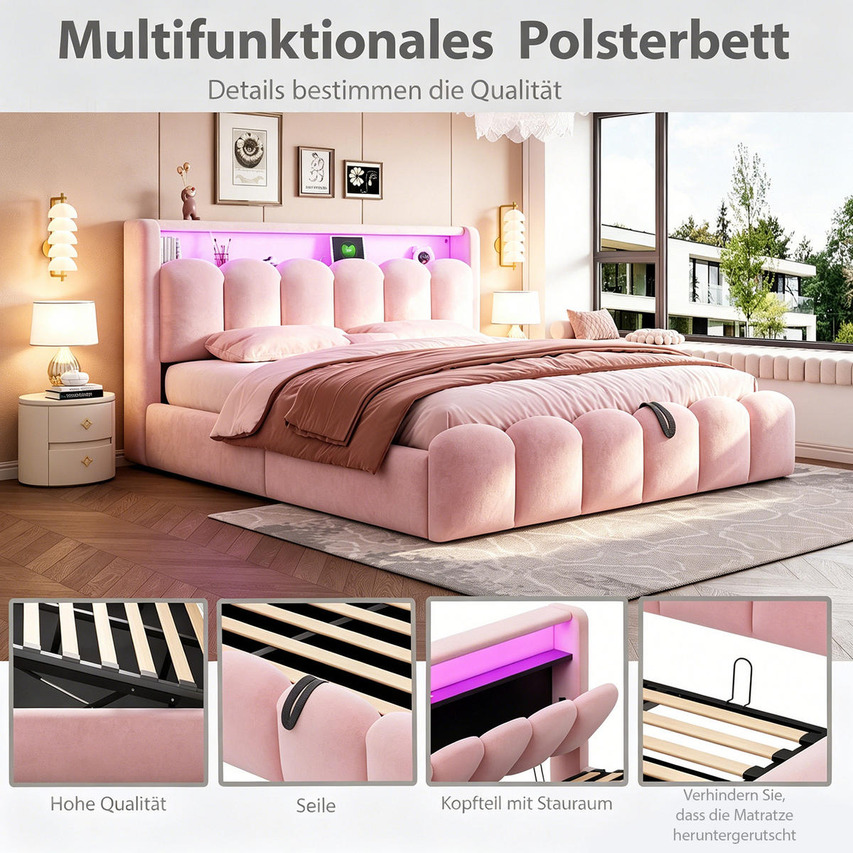 POLSTERBETT aus Samtstoff 180x200 cm Pink mit Bettkasten, Kopfteil-Stauraum, LED und USB-Anschlüssen - Pink, Textil (180/200cm) - Modfu