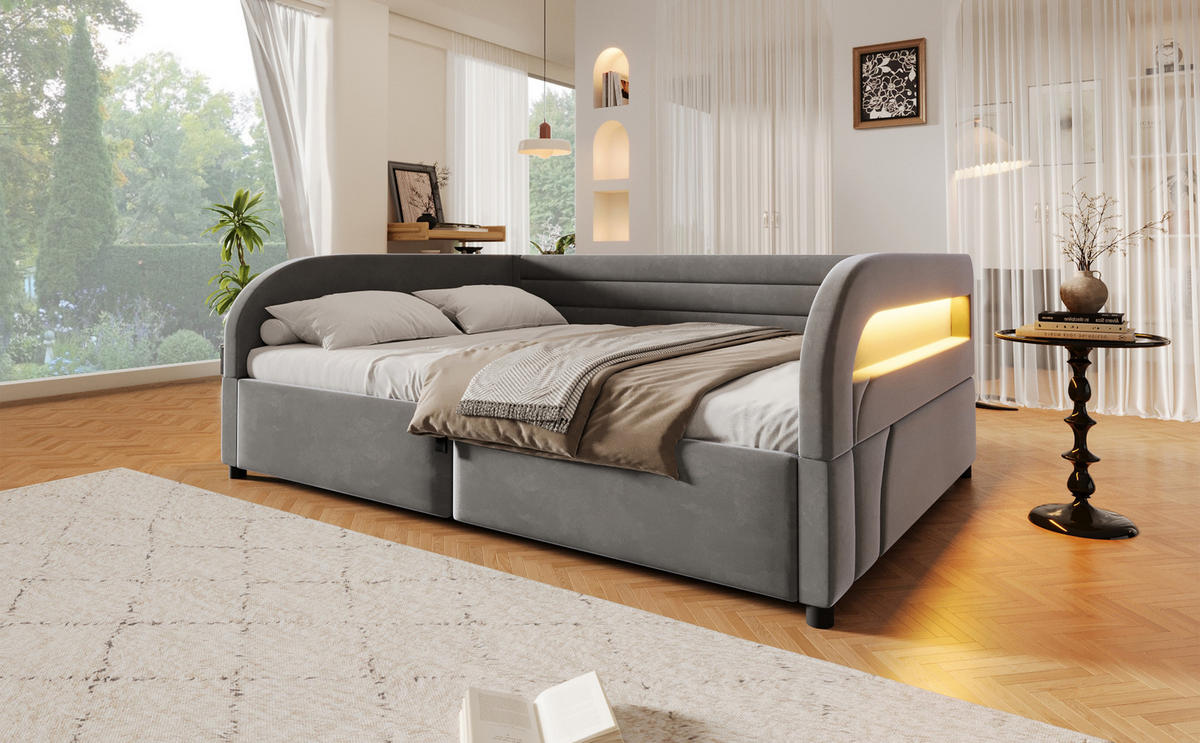 ČALOUNĚNÁ POSTEL 140/200 cm v šedé barvě s úložným prostorem a RGB LED - šedá, kov/kompozitní dřevo (140/200cm) - CHICFURN