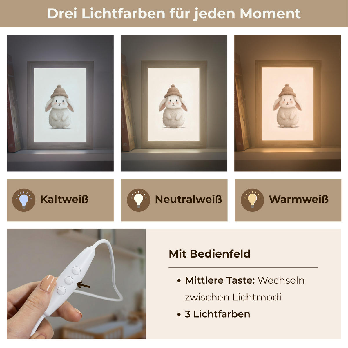 NACHTTISCHLAMPE Kaninchen - Hut - Ohren - Beige 15x20 cm - Creme, Holzwerkstoff (8/15/20cm)