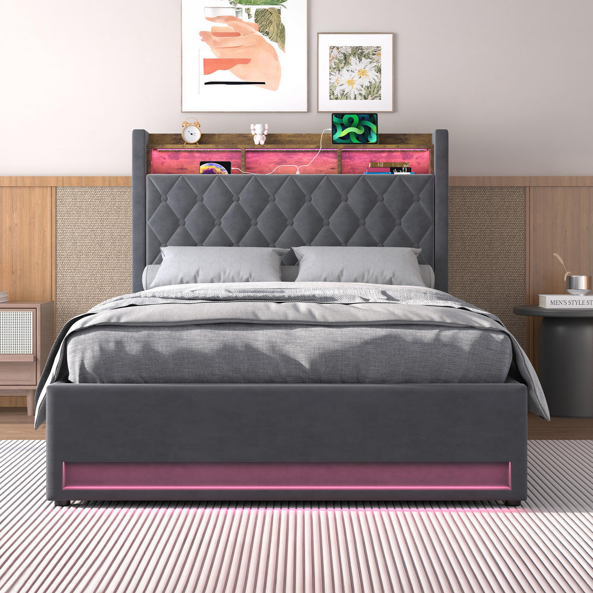 POLSTERBETT 140/190 cm in Grau Samt mit Bettkasten, LED-Beleuchtung und USB-Anschluss - Grau, Holzwerkstoff/Textil (140/190cm) - CHICFURN