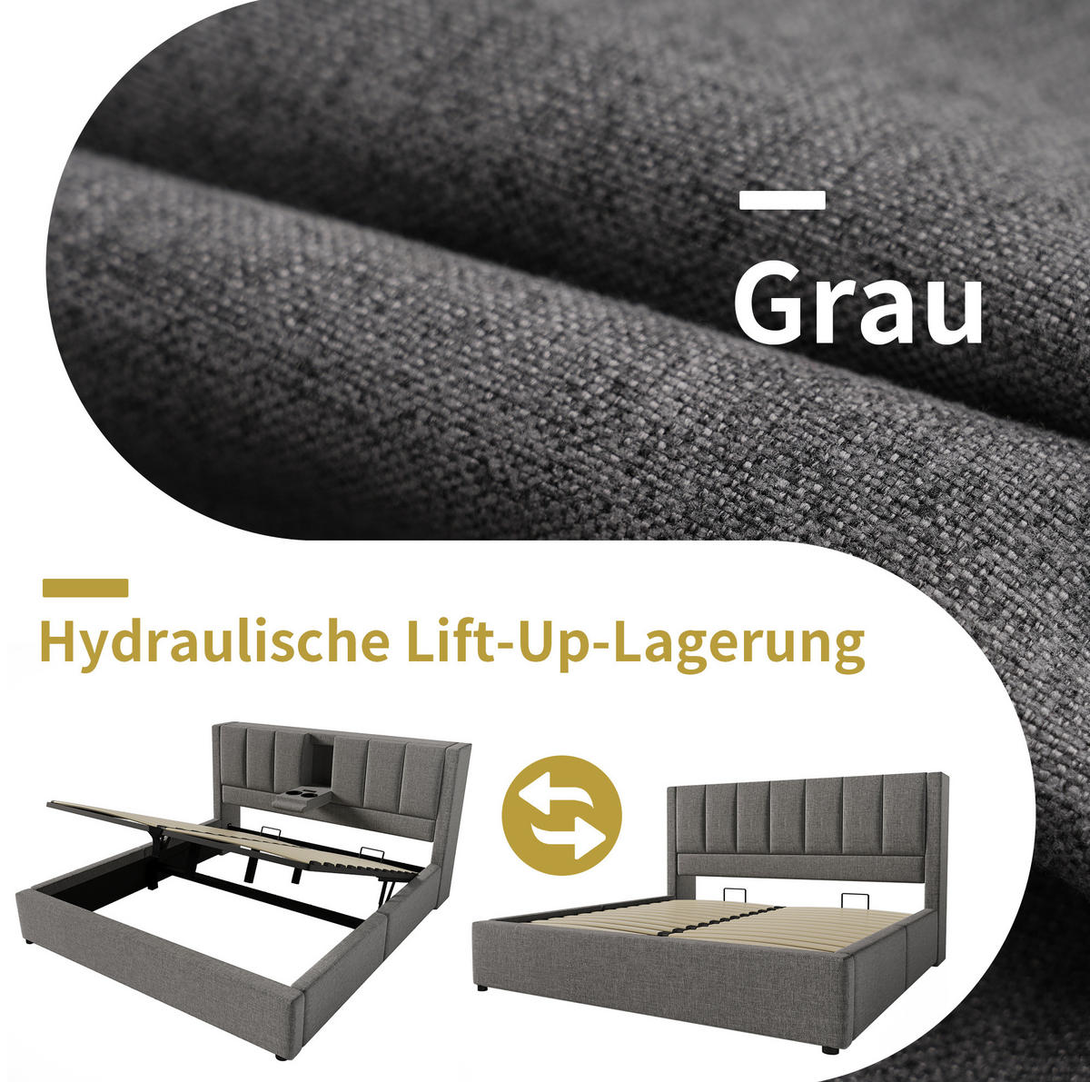 POLSTERBETT 180/200 cm Grau aus Leinen mit Stauraum und Ladestation - Grau, Textil (180/200cm) - OKMYHOME