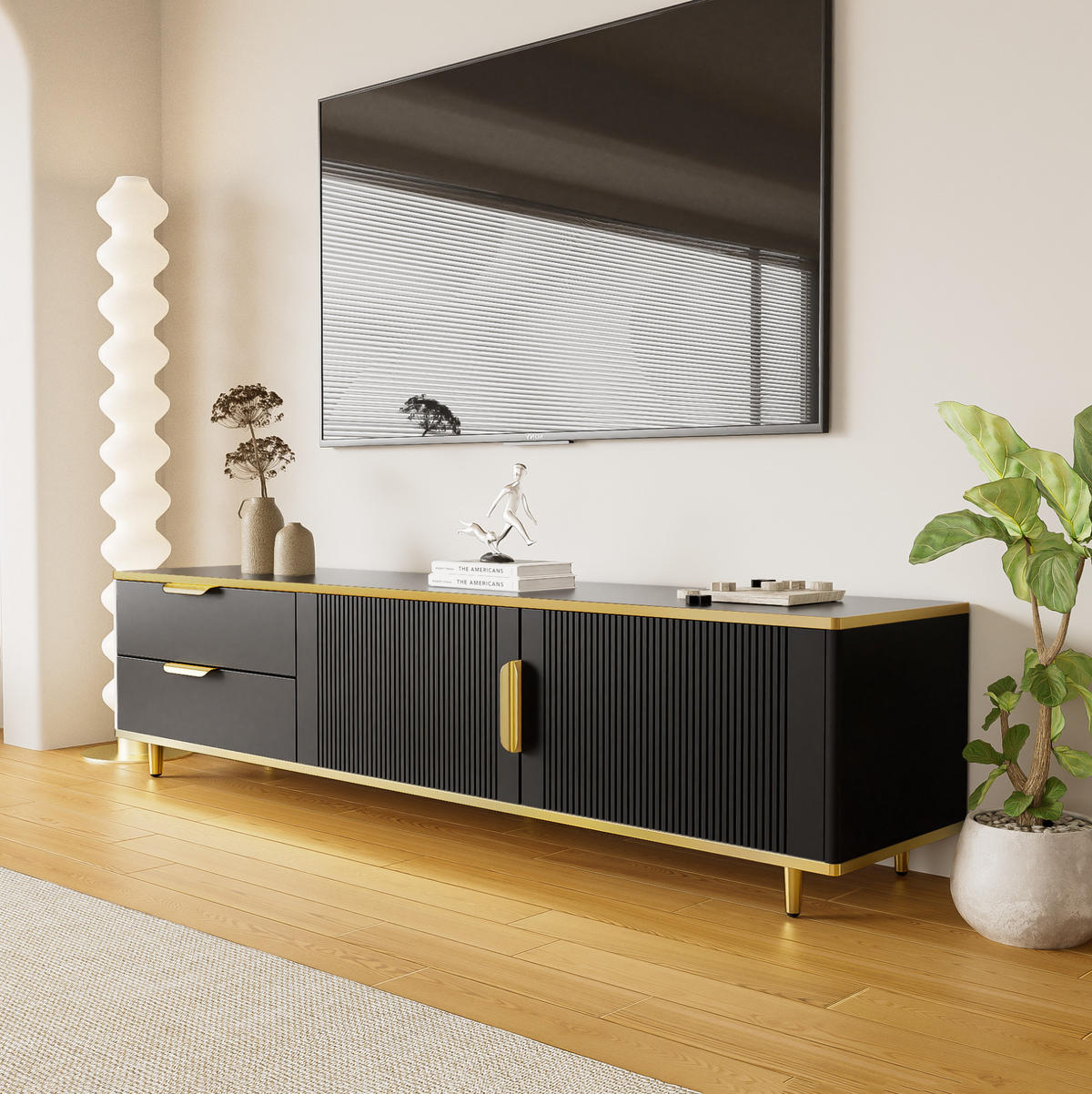 LOWBOARD 170/45/37 cm aus MDF und Holzwerkstoff mit geschnitzten Fronten Schwarz/Gold - Schwarz, Holzwerkstoff (175/45/40cm) - Modenvie