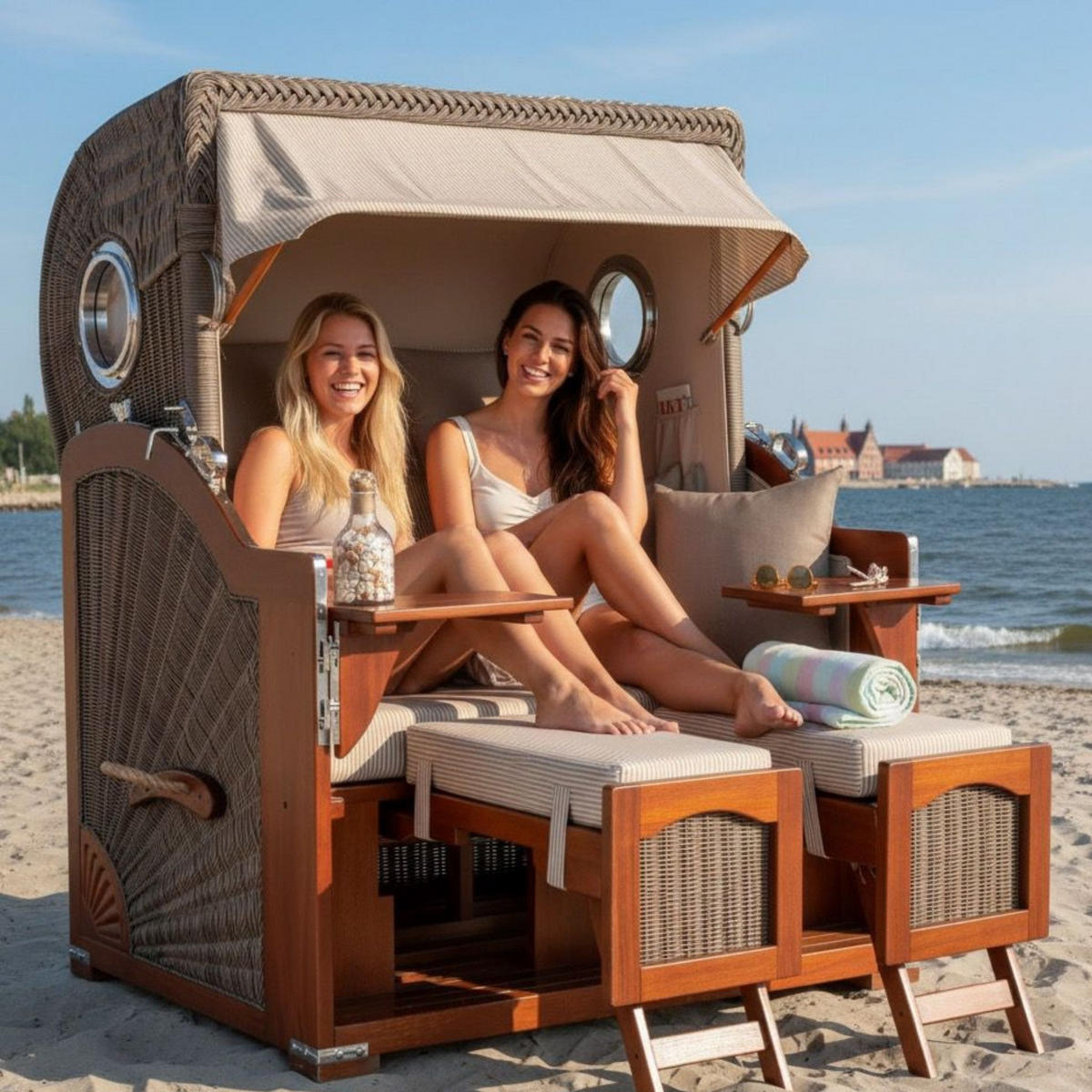 STRANDKORB 2-Sitzer Düne Mahagoni - Taupe/Braun, Holz/Metall (125/170/80cm) - Mr. Deko